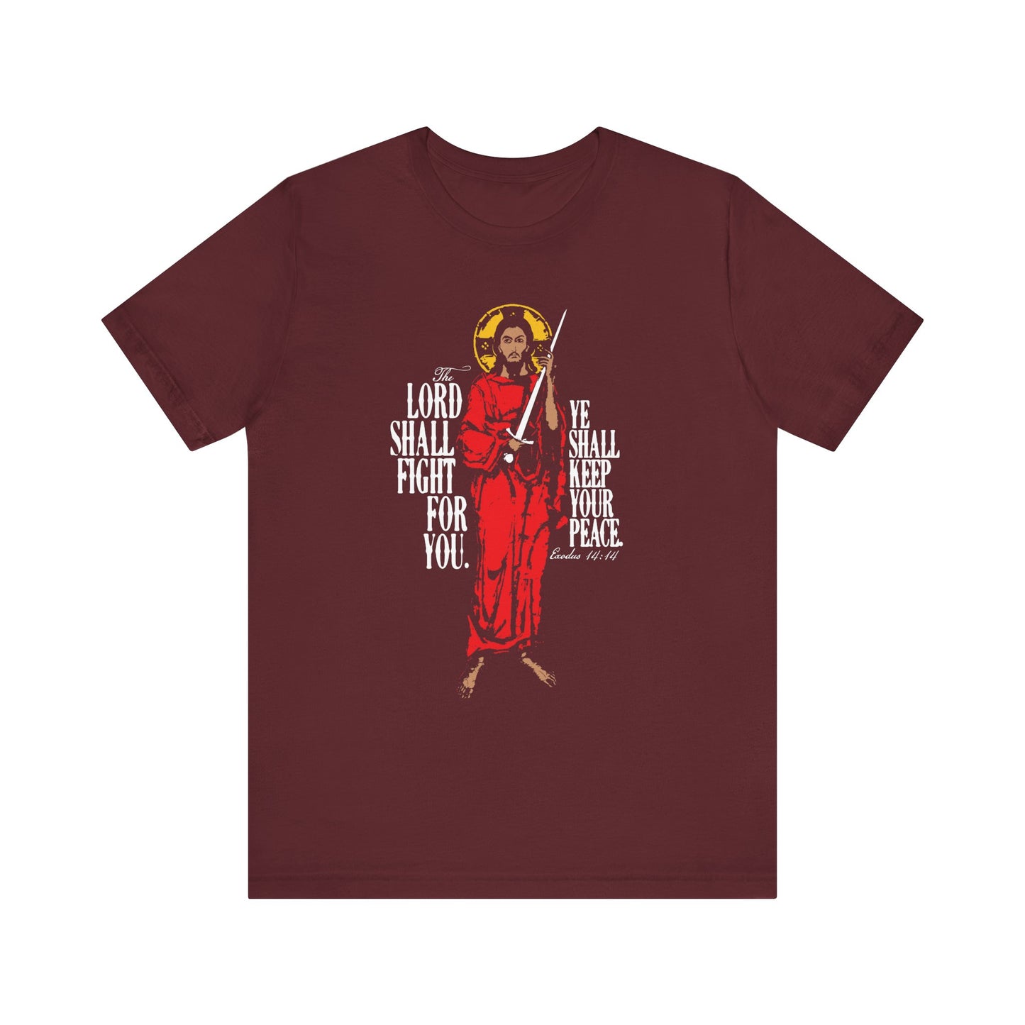 Maroon "The Lord Shall Fight For You (Exodus 14:14)" lightweight cotton unisex tee featuring a Jesus Christ with sword iconographic illustration and inspiring salvation message.
