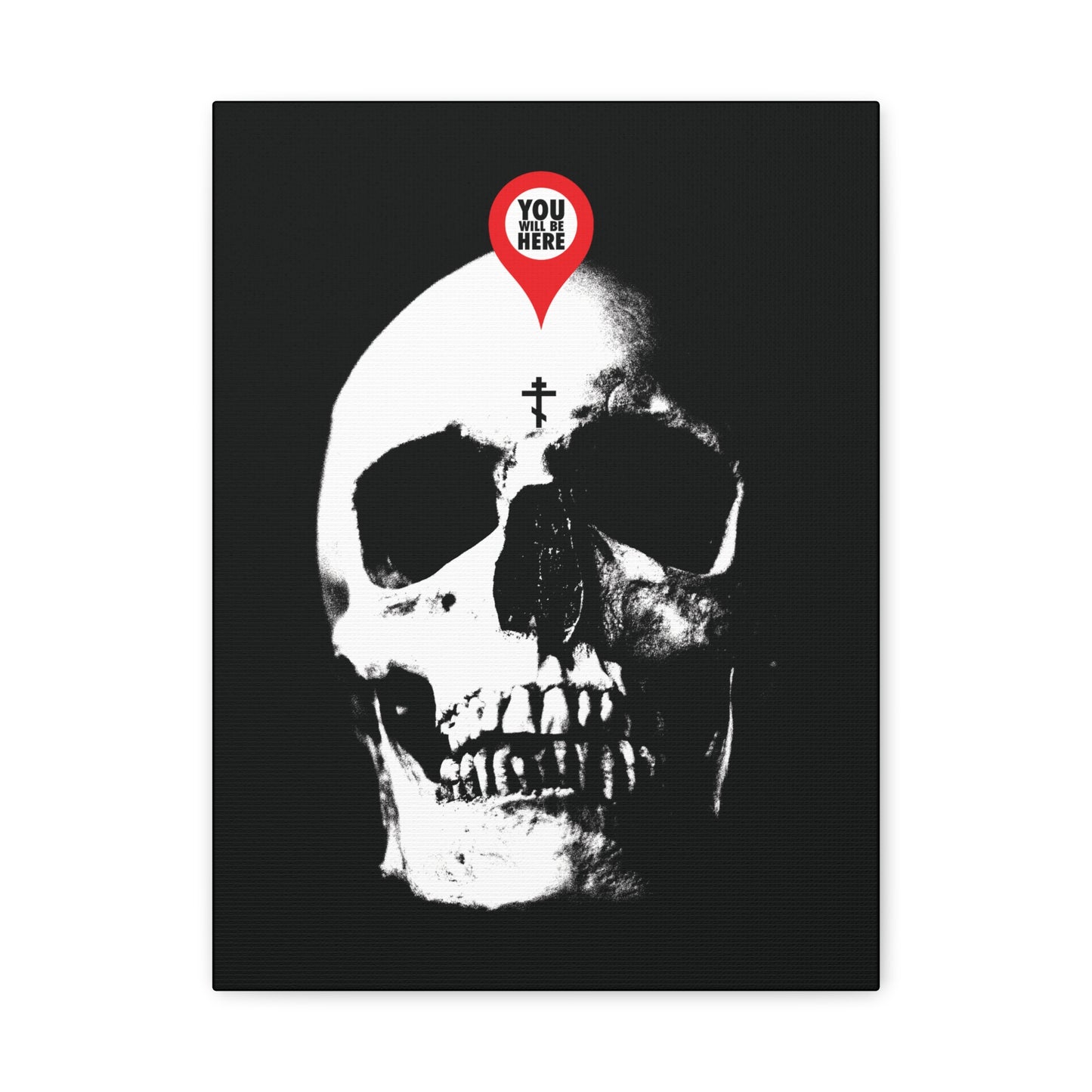 The You Will Be Here Maps Marker on Skull Canvas Art features a skull with a red location marker and cross, reminding viewers of mortality—memento mori and Orthodox Christian themes.