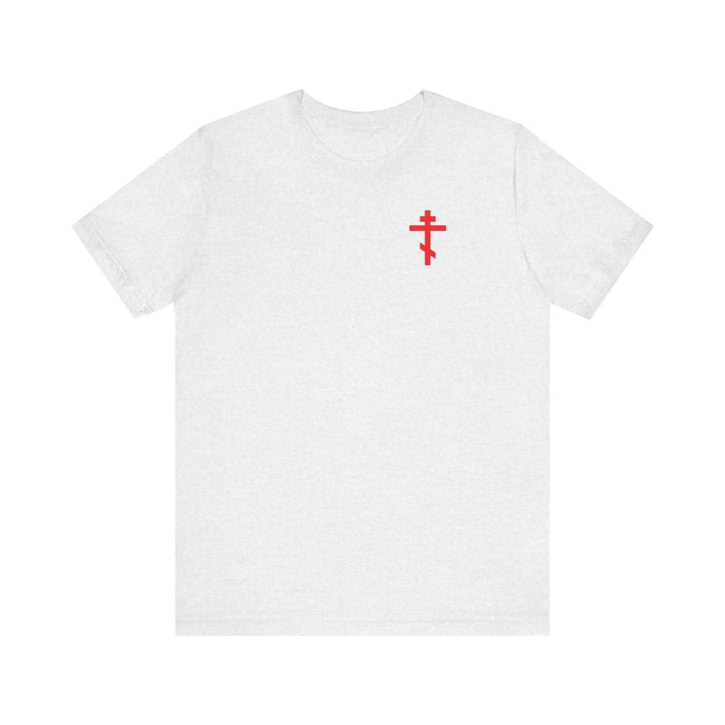 Ash lightweight cotton unisex tee featuring a small red Orthodox cross on the left chest and “Always Live In Remembrance of Death” with a Crown of Thorns design on the back, inspired by St John Climacus.