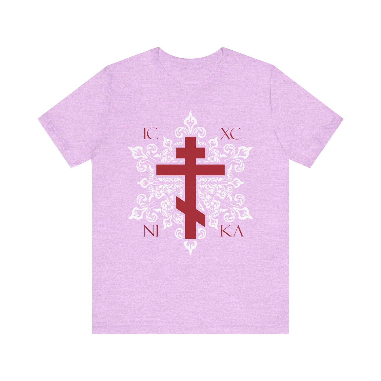 The ICXC/NIKA Red Orthodox Cross on Ornate White Medieval Floral Design tee is a best-selling unisex Christian t-shirt in Heather Prism Lilac, made from lightweight cotton and beautifully reflecting faith and tradition.