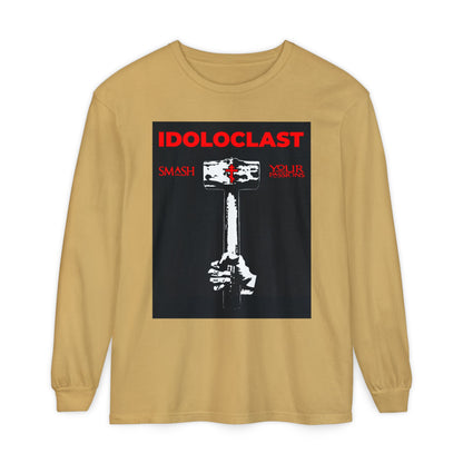 Mustard long-sleeve shirt featuring a graphic of Jesus’ fist with a sledgehammer and the text IDOLOCLAST, inspired by Orthodox Christian asceticism and the call to “smash your passions.”.
