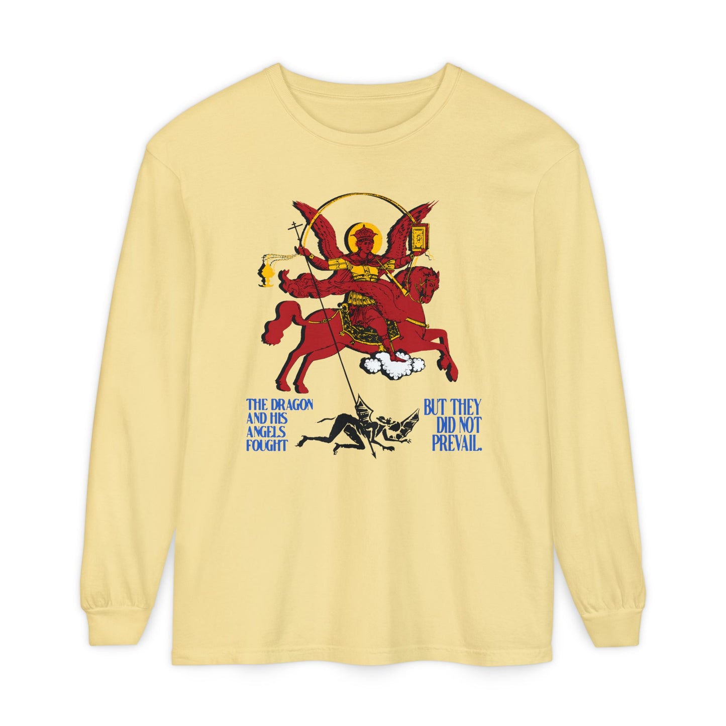 Apocalyptic St Michael Icono-Graphic (Rev 12:7-8) | Red Angel & Horse | Blue Lettering | Orthodox Christian Cotton Long Sleeve Shirt