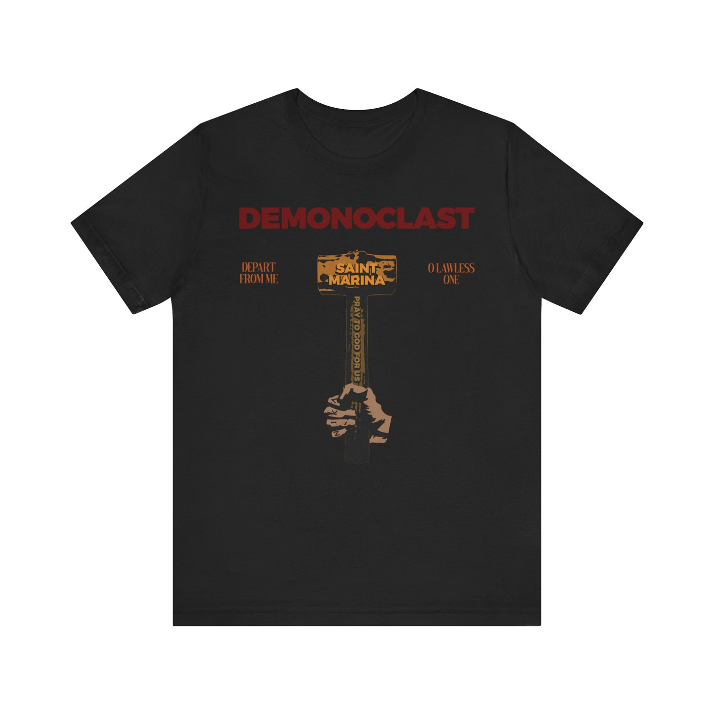 Black Demonoclast tee featuring St. Marina’s Hammer, NIKA Fist, Christ Conquers text, and an illustrated hand holding a cross. Inspired by unseen warfare and martyrdom. Lightweight cotton unisex shirt.