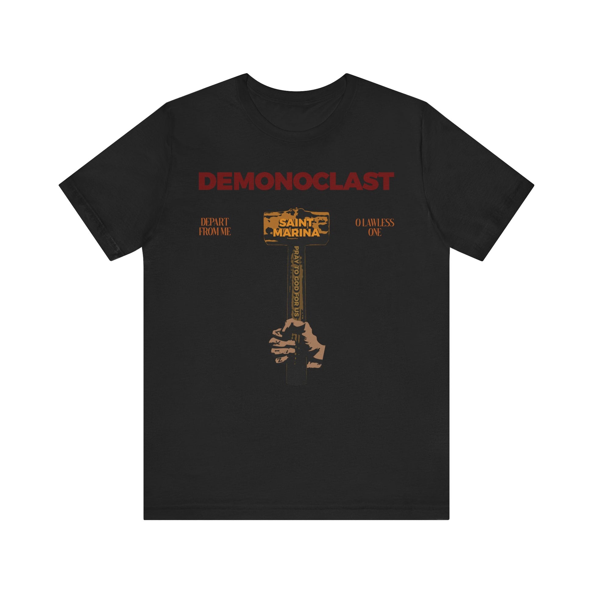 Black Demonoclast tee featuring St. Marina’s Hammer, NIKA Fist, Christ Conquers text, and an illustrated hand holding a cross. Inspired by unseen warfare and martyrdom. Lightweight cotton unisex shirt.