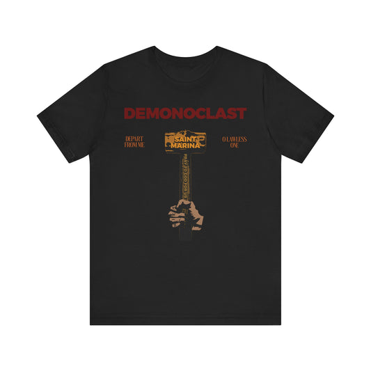 Black Demonoclast tee featuring St. Marina’s Hammer, NIKA Fist, Christ Conquers text, and an illustrated hand holding a cross. Inspired by unseen warfare and martyrdom. Lightweight cotton unisex shirt.