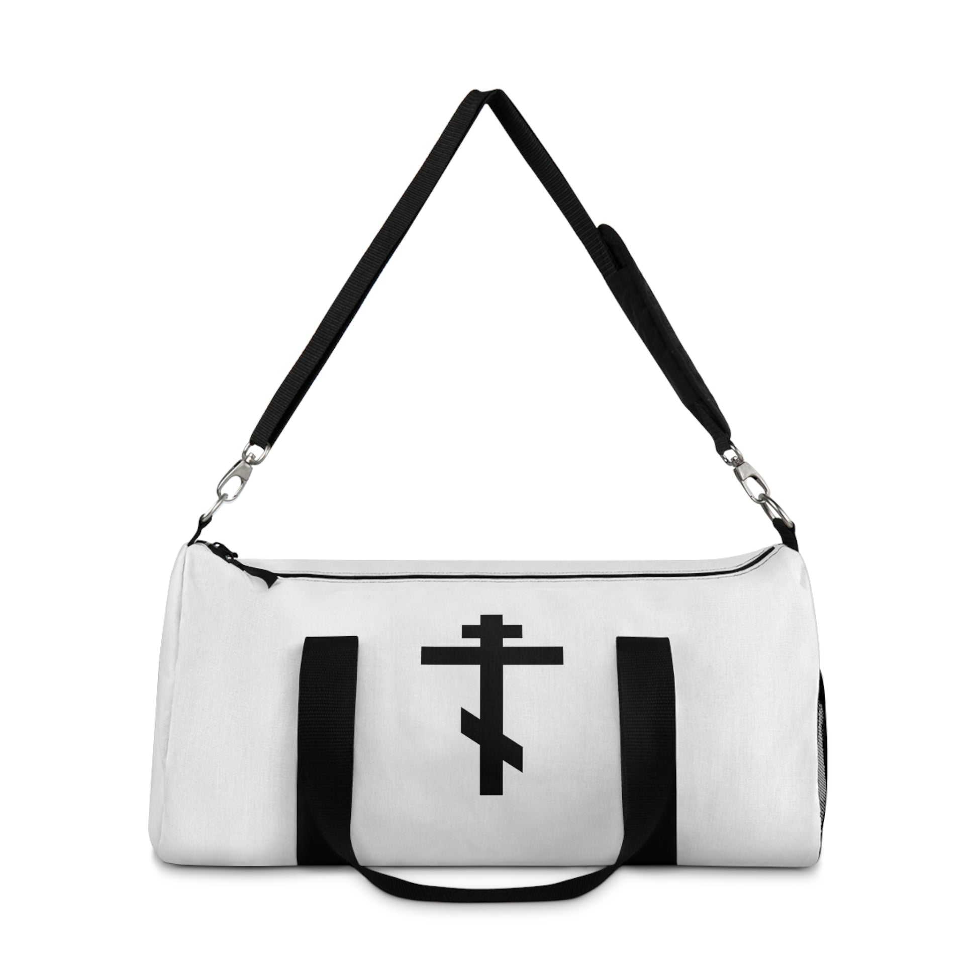Black Orthodox Cross | "May I never boast, except in the cross of our Lord Jesus Christ" (Gal 6:14) — an Orthodox Christian gym duffel bag featuring a black cross on white with black handles, inspired by timeless spiritual tradition.
