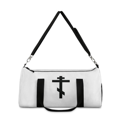 Black Orthodox Cross | "May I never boast, except in the cross of our Lord Jesus Christ" (Gal 6:14) — an Orthodox Christian gym duffel bag featuring a black cross on white with black handles, inspired by timeless spiritual tradition.