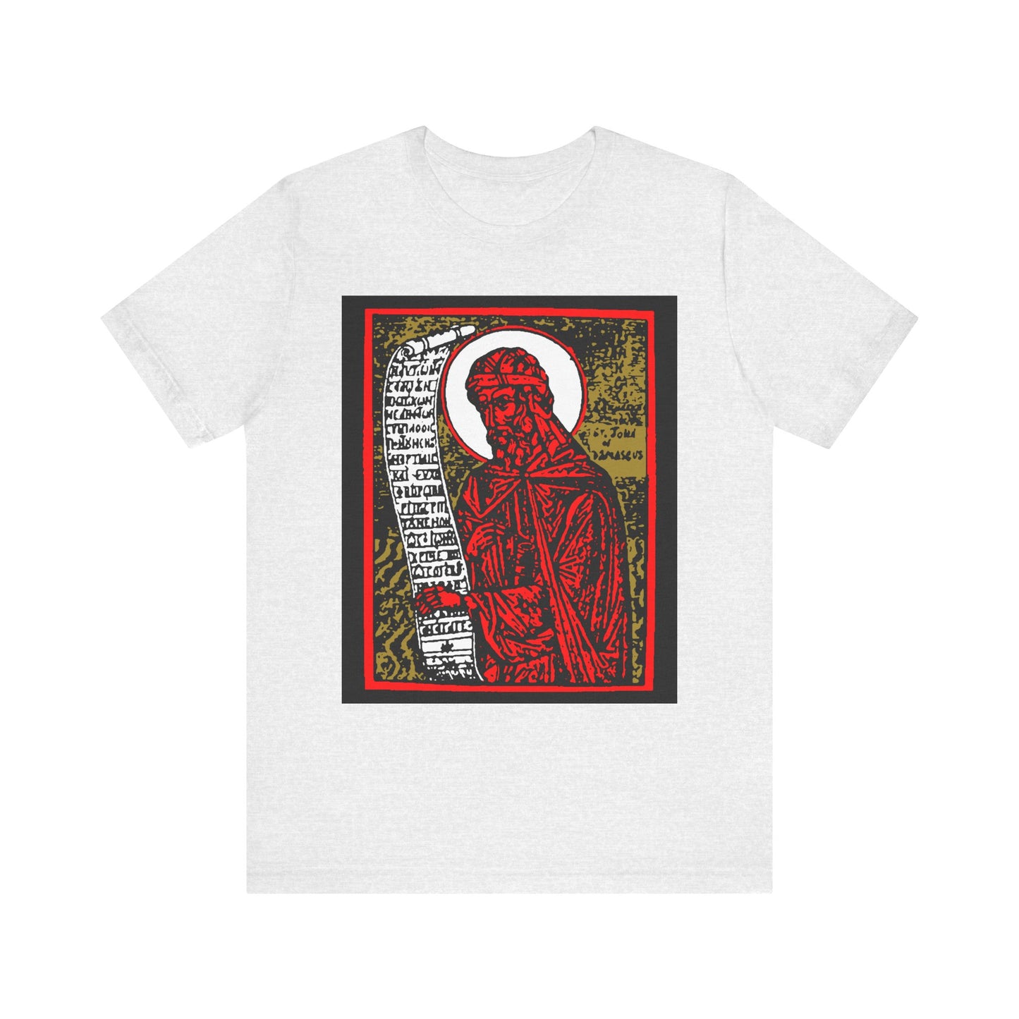 St. John of Damascus Icono-Graphic | Orthodox Christian Saint | Red Gold & Black High Contrast Design | Lightweight Cotton Unisex Tee