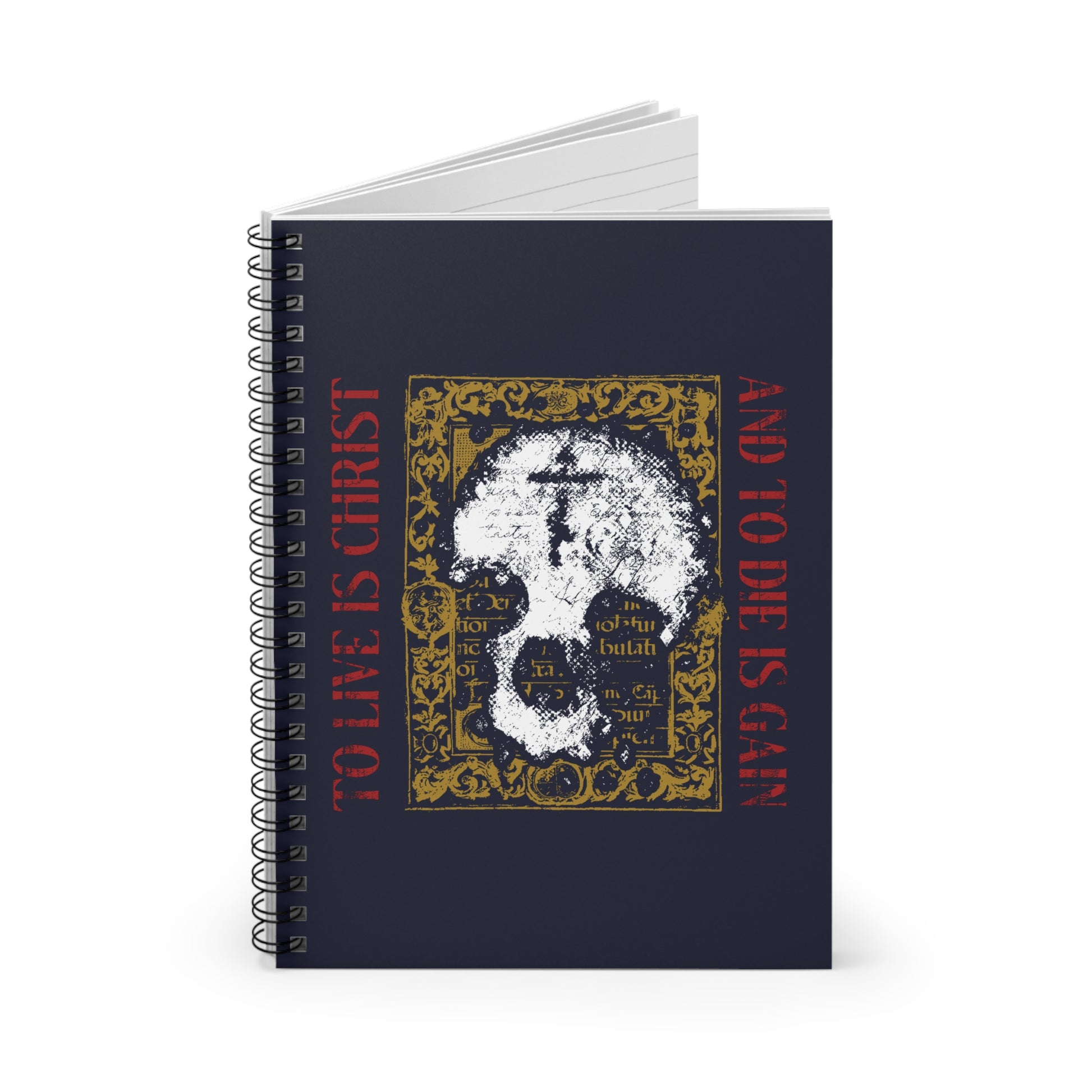 Navy spiral notebook featuring a skull with cross on gold manuscript texture and "To Live is Christ, to Die is Gain" (Philippians 1:21)—an Orthodox design perfect for Christian reflection.