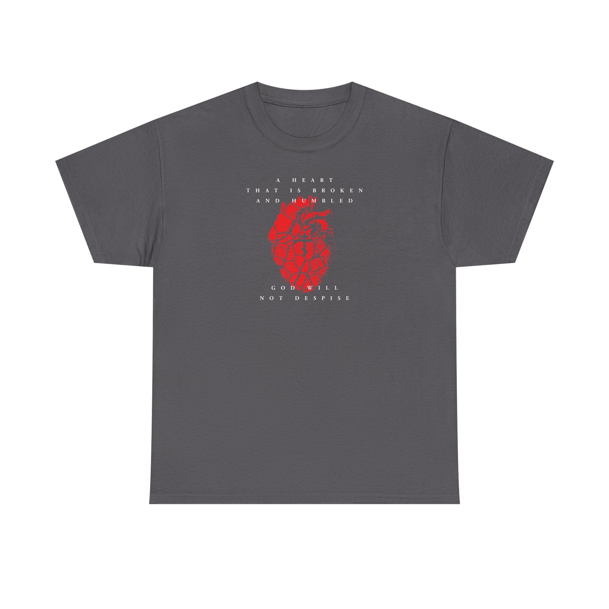 Charcoal t-shirt with a cracked heart and Orthodox cross design, inspired by Psalm 51:17—“A heart that is broken and humbled God will not despise.” Heavy cotton, minimalist style for expressing Christian repentance.