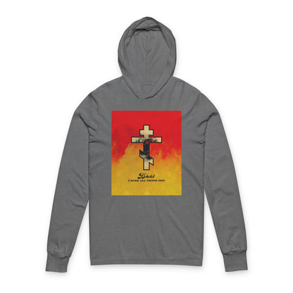 Behold, I Make All Things New (Revelation 21:5) | Cosmic Orthodox Cross on Red and Yellow Background | Orthodox Long Sleeve Hooded Shirt