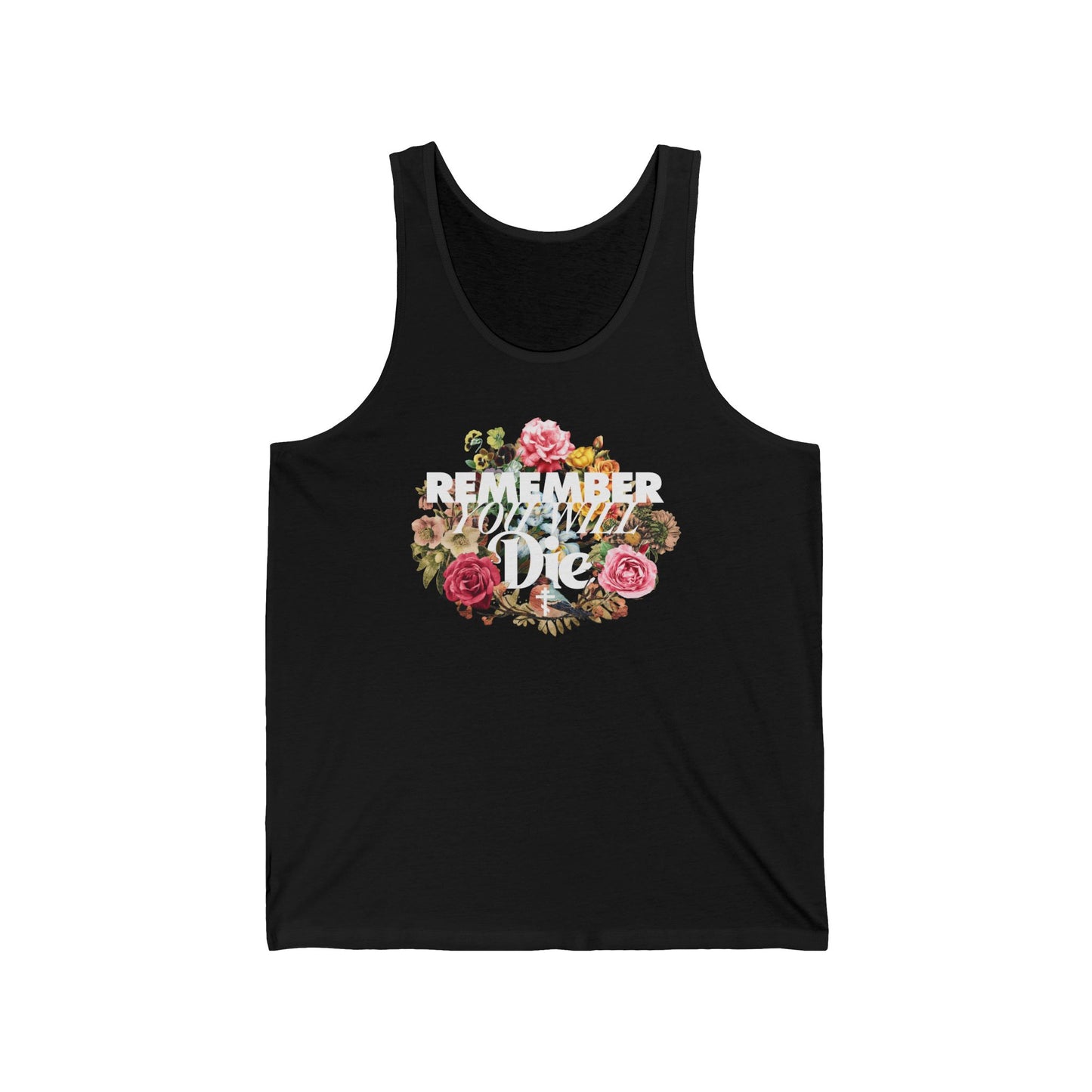 Black "Remember You Will Die" tank top with classic typography and a floral wreath cross design, inspired by Orthodox Christian memento mori.