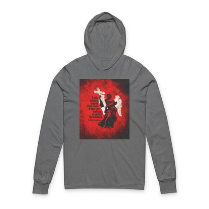 Little Divides Angels from Men | Christian Perfection | St John Chrysostom | Textured Cemetery Angel | Orthodox Long Sleeve Hooded Shirt