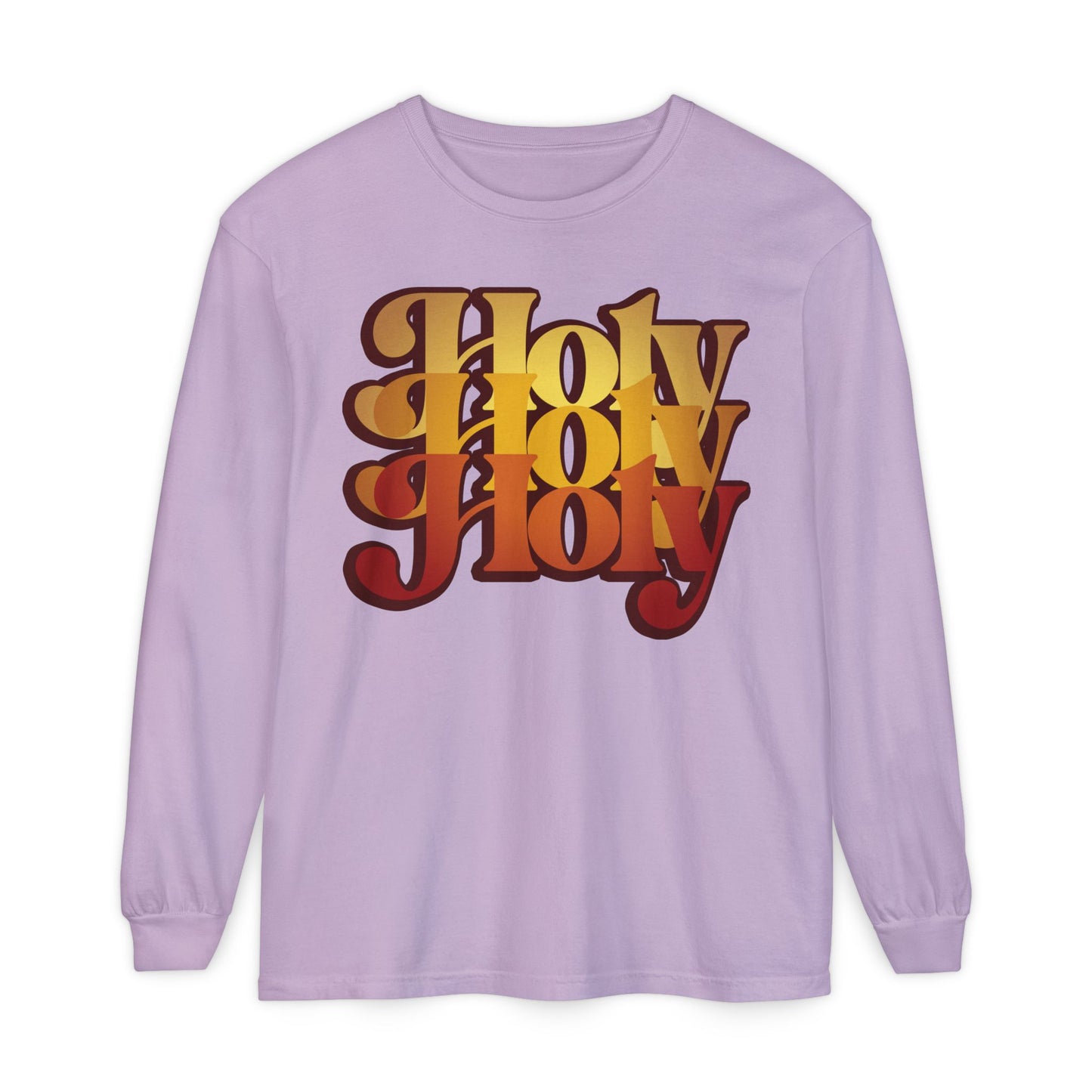 Orchid long sleeve cotton shirt with bold, retro "Holy Holy Holy" text inspired by Isaiah 6 and Orthodox Trisagion prayer, featuring 70s style design referencing Cherubim & Seraphim.