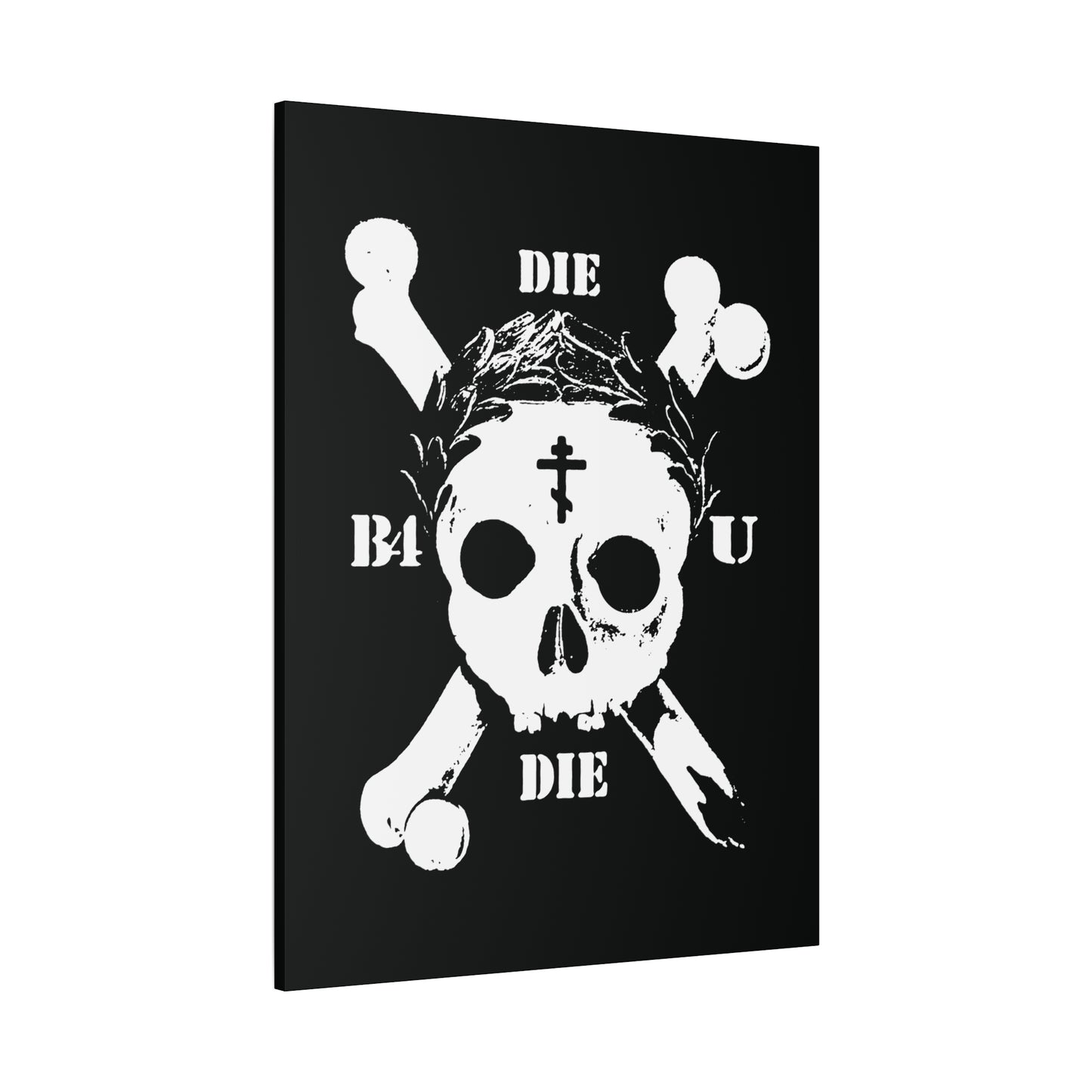 Die Before You Die wall art: retro skull & crossbones with Orthodox cross and laurel wreath, inspired by Matthew 16:24-25—"deny himself and take up his cross." Memento mori ascetic Christian decor.
