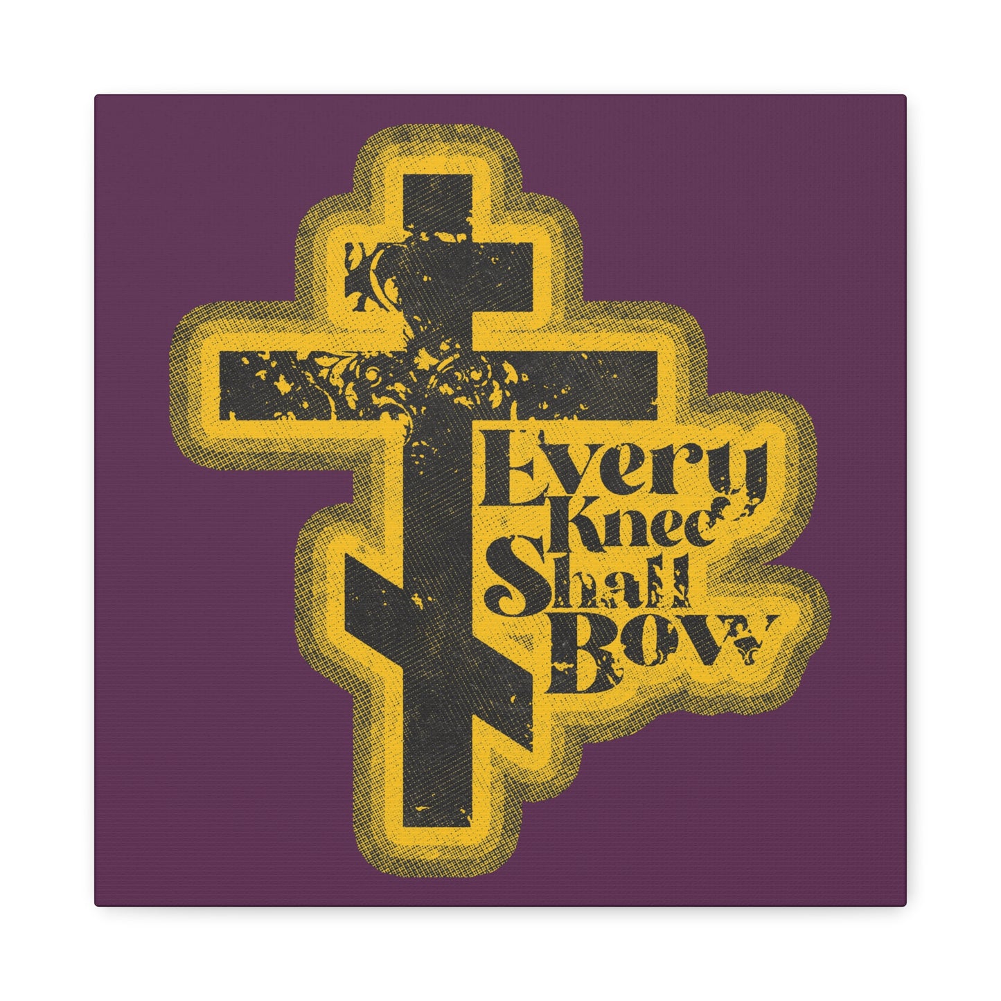 A 70s distressed halftone comic-style cross with "Every Knee Shall Bow," Philippians 2:10-11 and Isaiah 45:23 text on a vibrant background; unique Christian wall art for home or office.