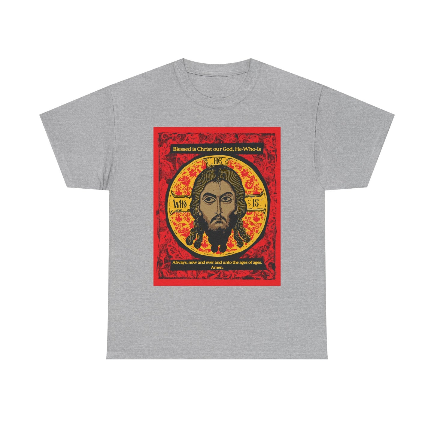 Sport Grey heavy cotton t-shirt featuring the "Made Without Hands (Mandylion/Image of Edessa)" Jesus Christ Orthodox icon graphic, with ornate bearded face and hymn-inspired text in red and gold accents.