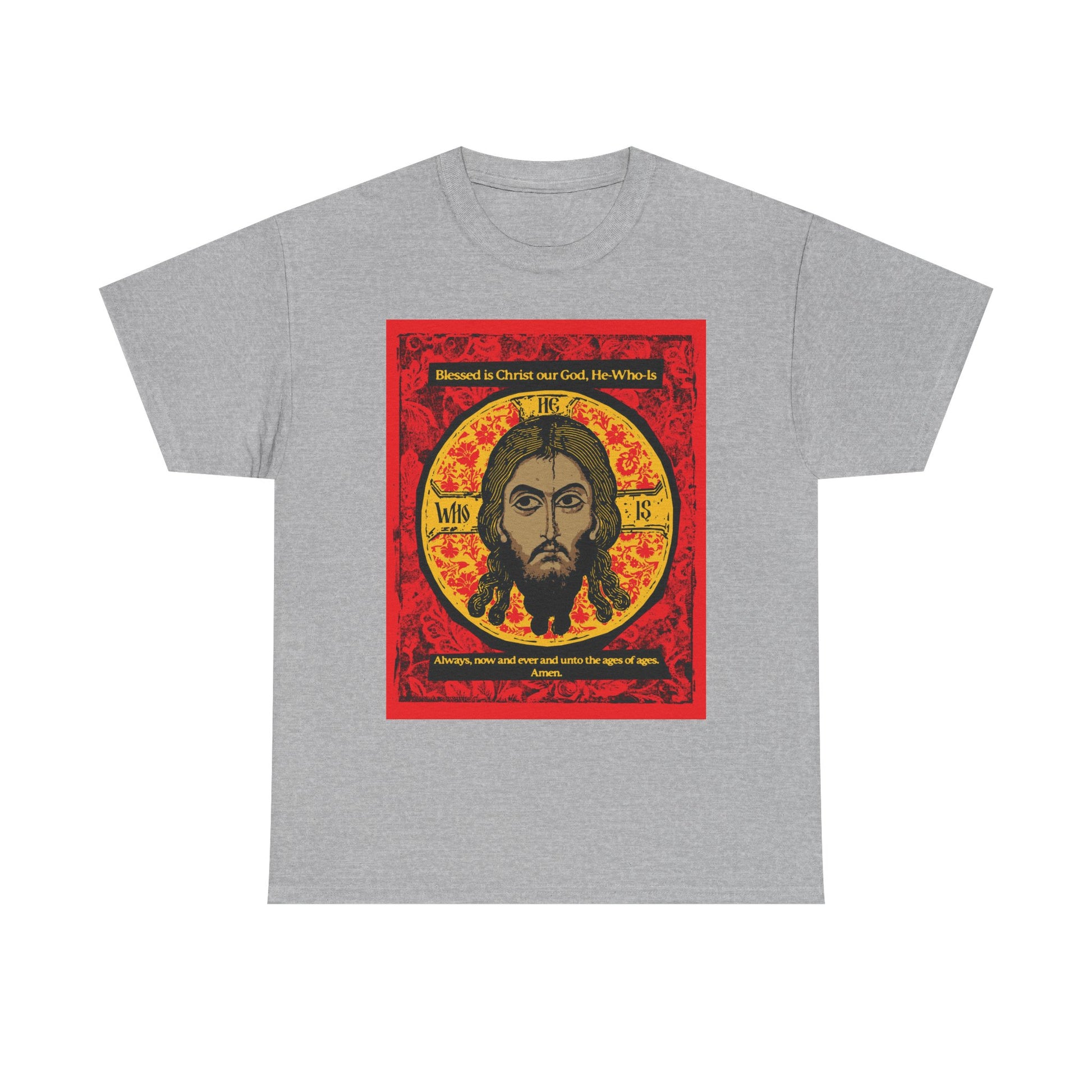 Sport Grey heavy cotton t-shirt featuring the "Made Without Hands (Mandylion/Image of Edessa)" Jesus Christ Orthodox icon graphic, with ornate bearded face and hymn-inspired text in red and gold accents.