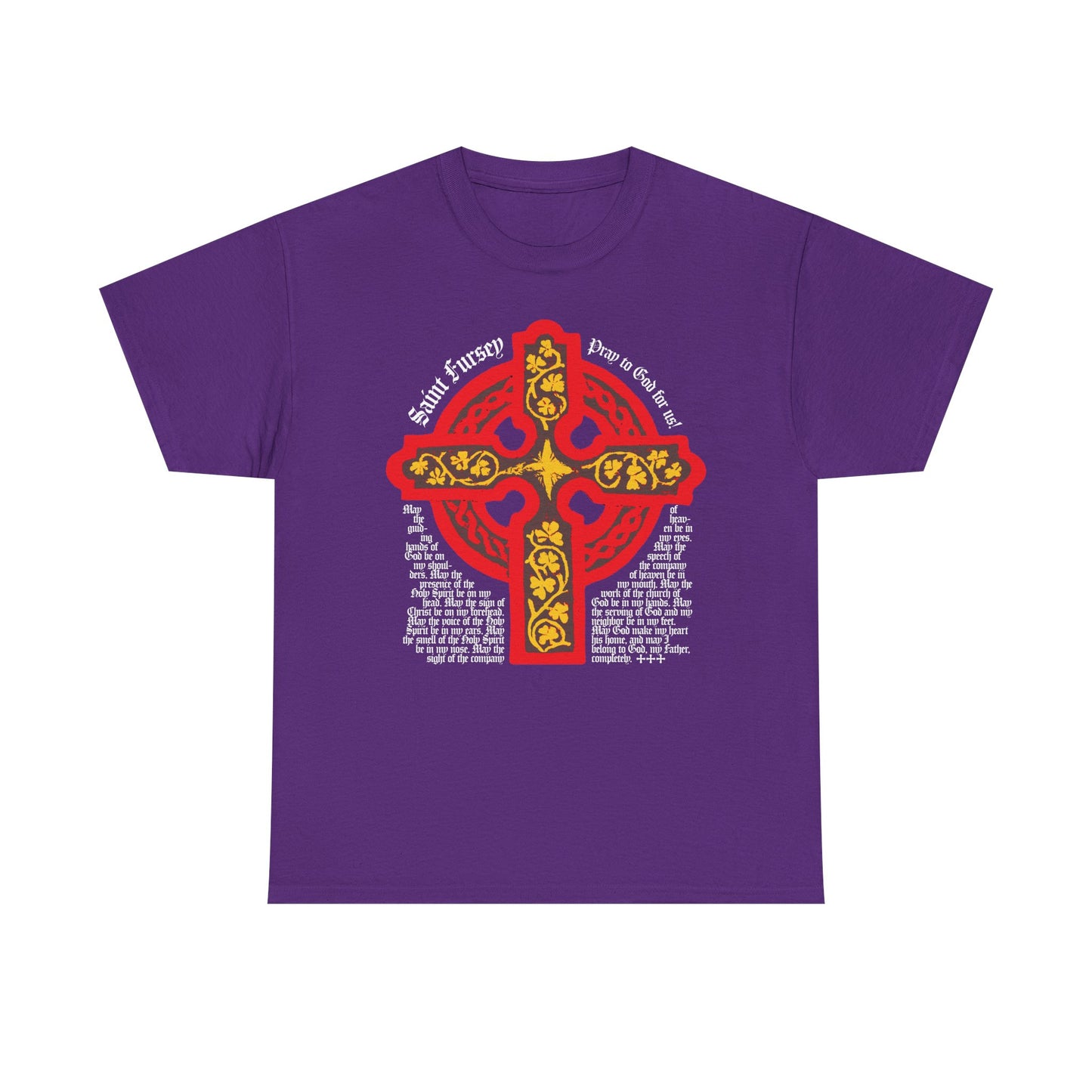 Purple unisex tee featuring a red and yellow Celtic cross inspired by the Lorica Shield Prayer of St Fursey, with stylized Christian text and Irish Orthodox Western Rite design. Midweight cotton.