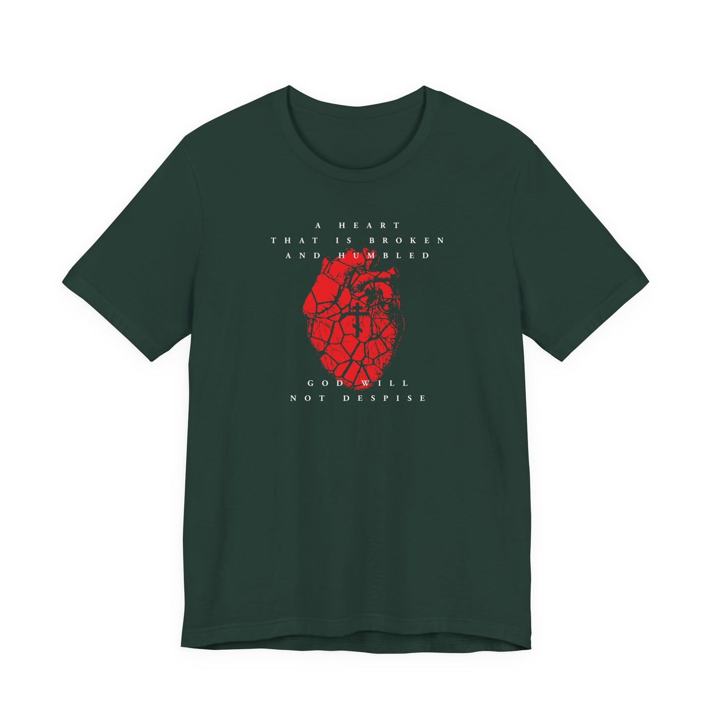 Forest green unisex cotton t-shirt featuring a cracked heart with Orthodox cross design, inspired by Psalm 50’s theme of repentance: "A heart that is broken and humbled God will not despise.
