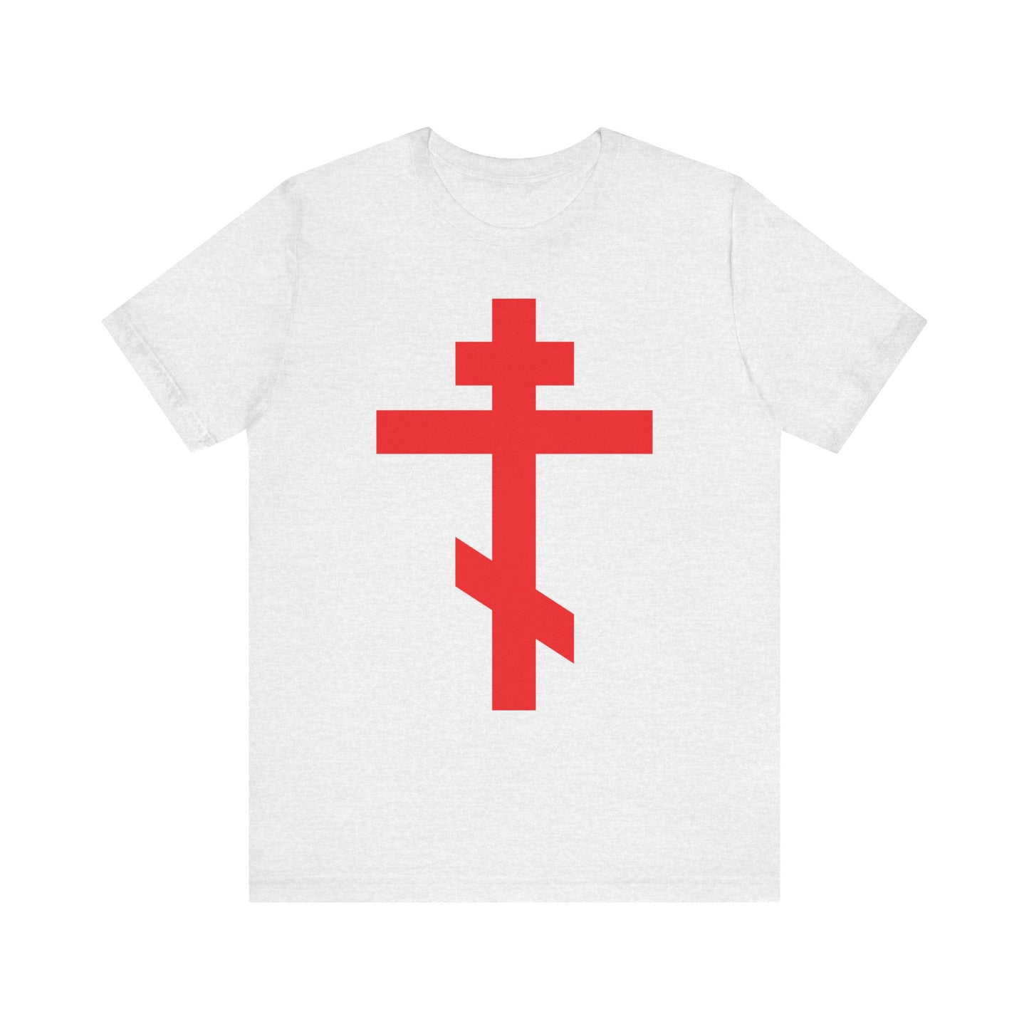 Ash-colored unisex t-shirt featuring a bright red Orthodox Cross and "Preserve Thy People By Thy Cross, O Lord" design. Lightweight cotton with inspiration from the Troparion of the Cross.