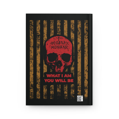 The "What I Am You Will Be" Christian journal features a red skull with Greek text, gold bars, and inspiring words on black—evoking memento mori and reflection in the spirit of Mt. Athos asceticism.