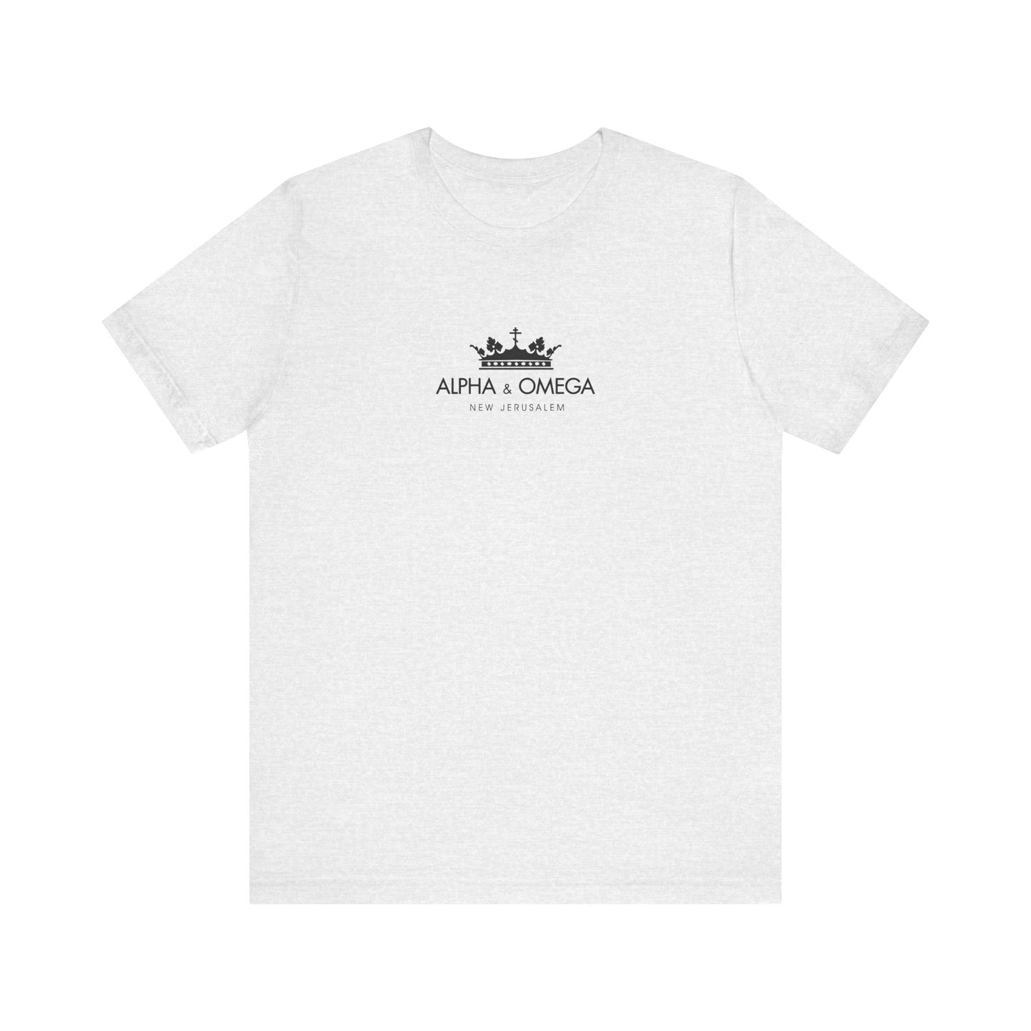 Ash t-shirt featuring the Alpha & Omega New Jerusalem Crown with Orthodox Cross design, inspired by Revelation and the Second Coming. Lightweight cotton unisex fit.