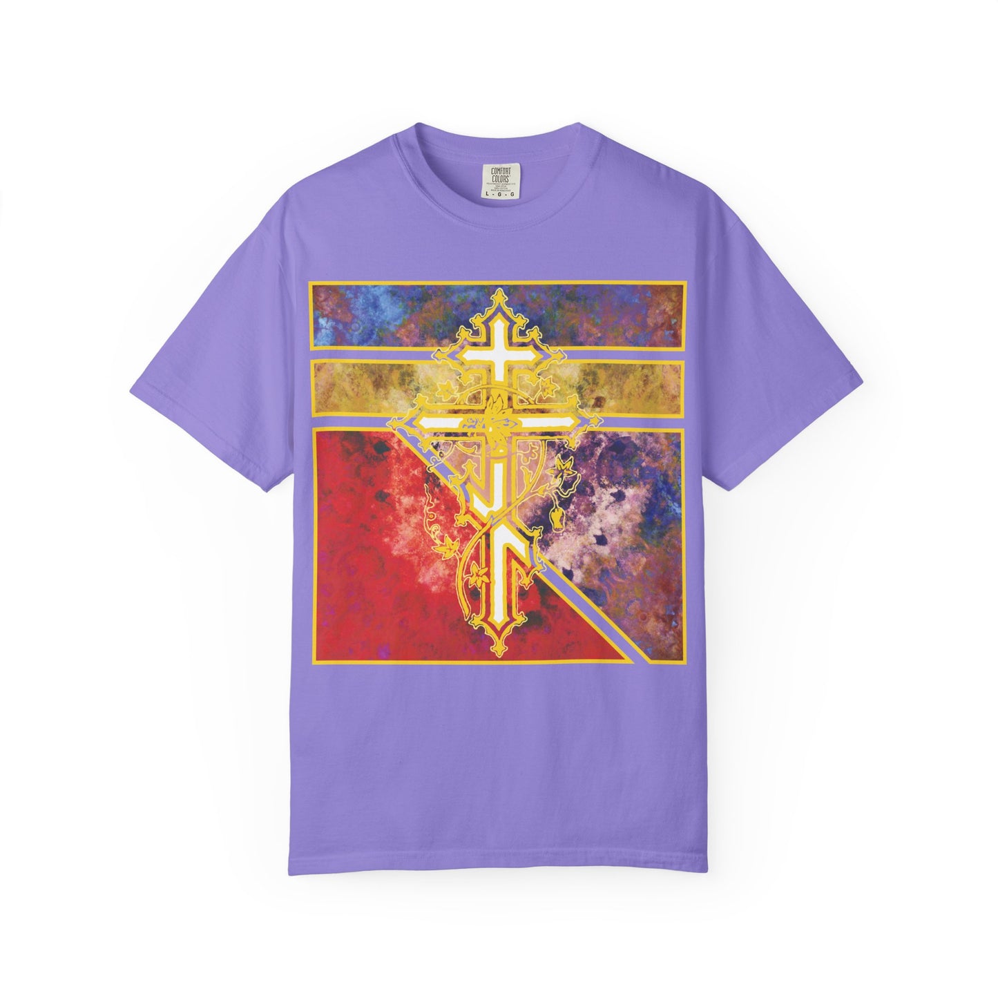 Violet heavyweight cotton unisex t-shirt featuring an ornate Orthodox cross with vine detailing and a textured geometric pattern, inspired by the life-giving Cross—a powerful symbol of faith and protection, as described in the Prayer to the Venerable Cross, where demons are said to perish before its strength.