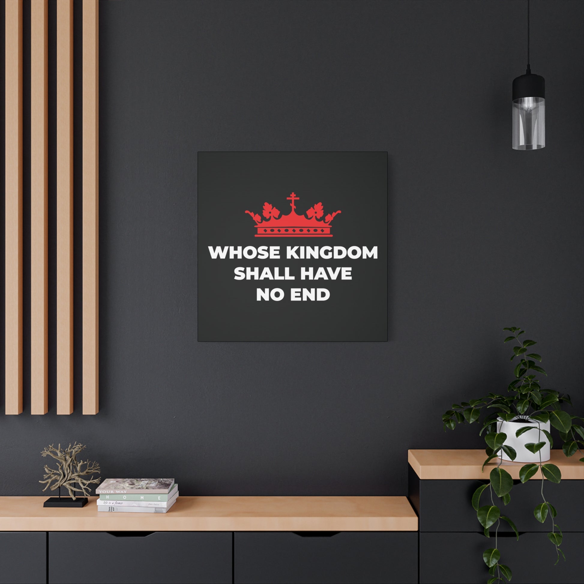The "Whose Kingdom Shall Have No End" canvas art features a red Orthodox cross crown and Nicene Creed text, providing Christian inspiration and a modern touch to your office decor.