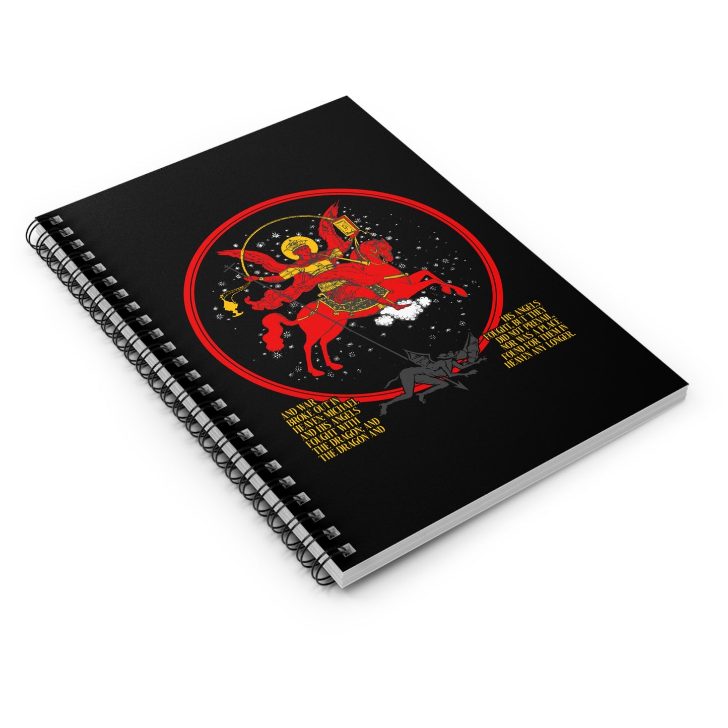 Archangel Michael of the Apocalypse Icono-Graphic Spiral Notebook features a mythological deity inspired by Revelation 12:7-9, riding a red beast on a black cover, with yellow text hinting at Satan cast out; Orthodox Christian themed.