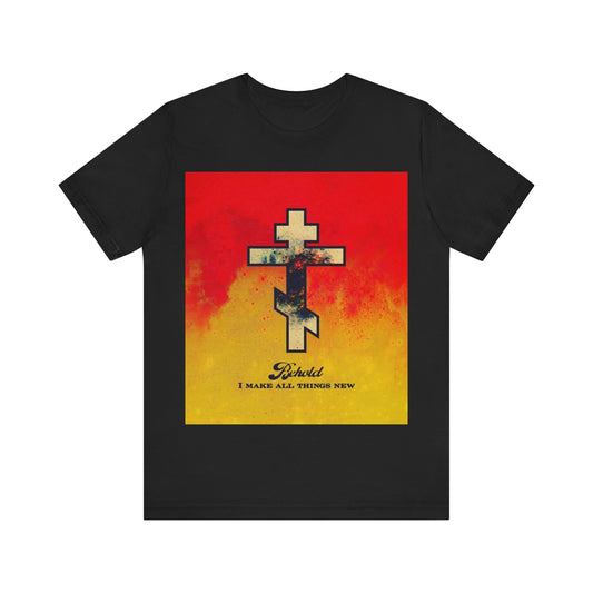 Behold, I Make All Things New (Revelation 21:5) | Cosmic Orthodox Cross on Red and Yellow Background | Orthodox Christian Cotton T-Shirt