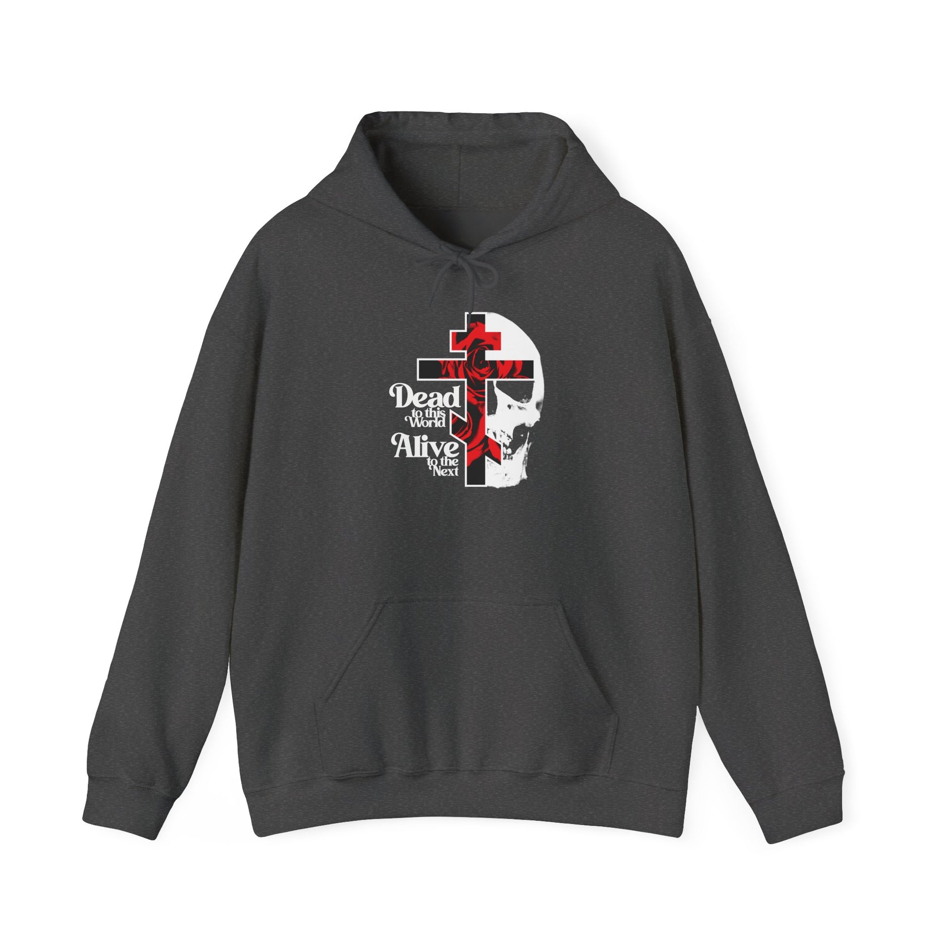 Rock the "Dead to this World" Orthodox Christian hoodie in dark heather, featuring a bold flower cross and skull graphic with striking 70s typography reading "Dead or Alive, You Pick"—a bestselling design that gives edgy, goth-inspired expression to spiritual transformation and renunciation, inspired by The Ladder of Divine Ascent.
