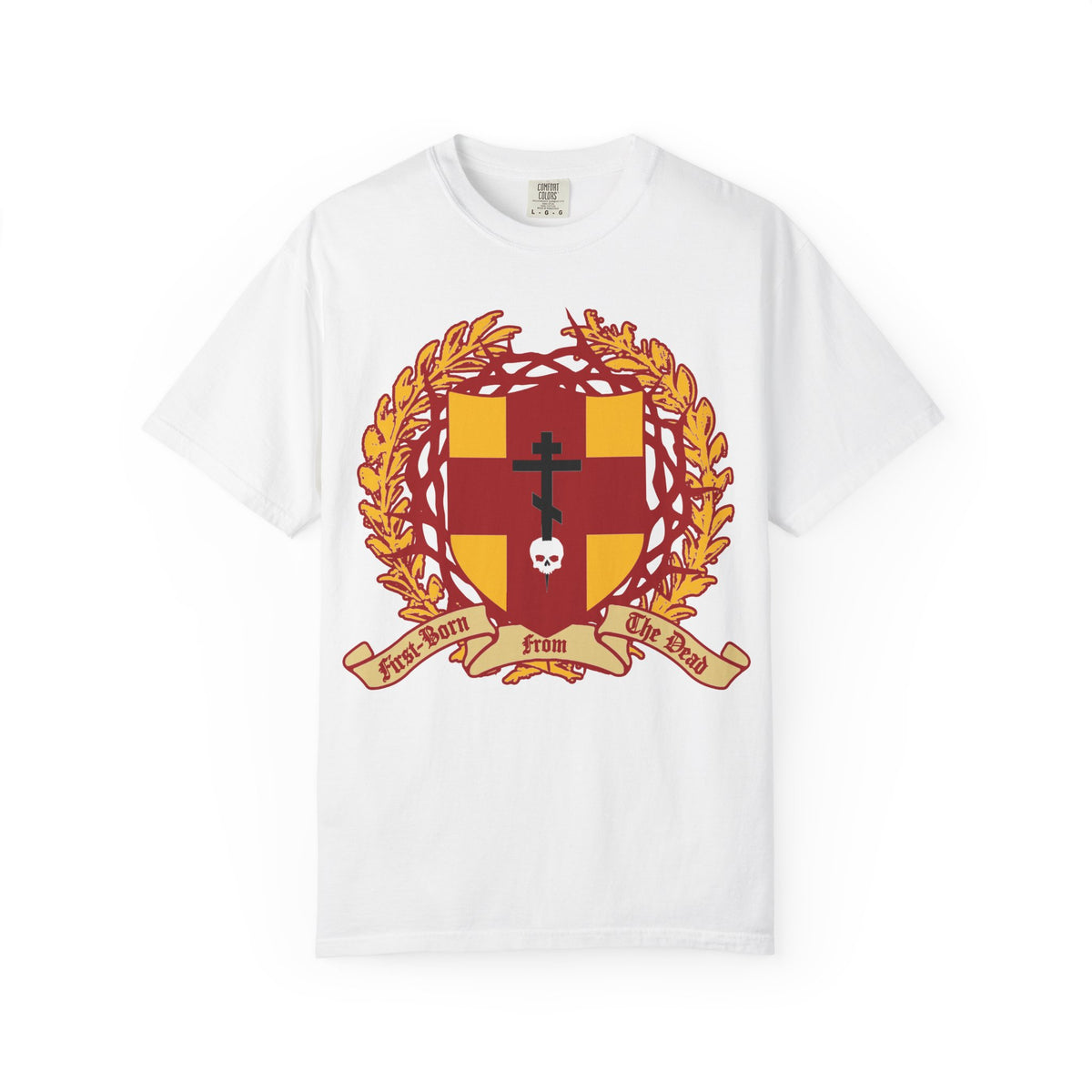 White heavyweight cotton unisex t-shirt featuring a heraldic shield with an Orthodox cross stabbing a skull, adorned with a crown of thorns and the “First-Born from the Dead (Col 1:18)” banner—an emblem inspired by redemption through His blood and themes from Colossians and Exodus.