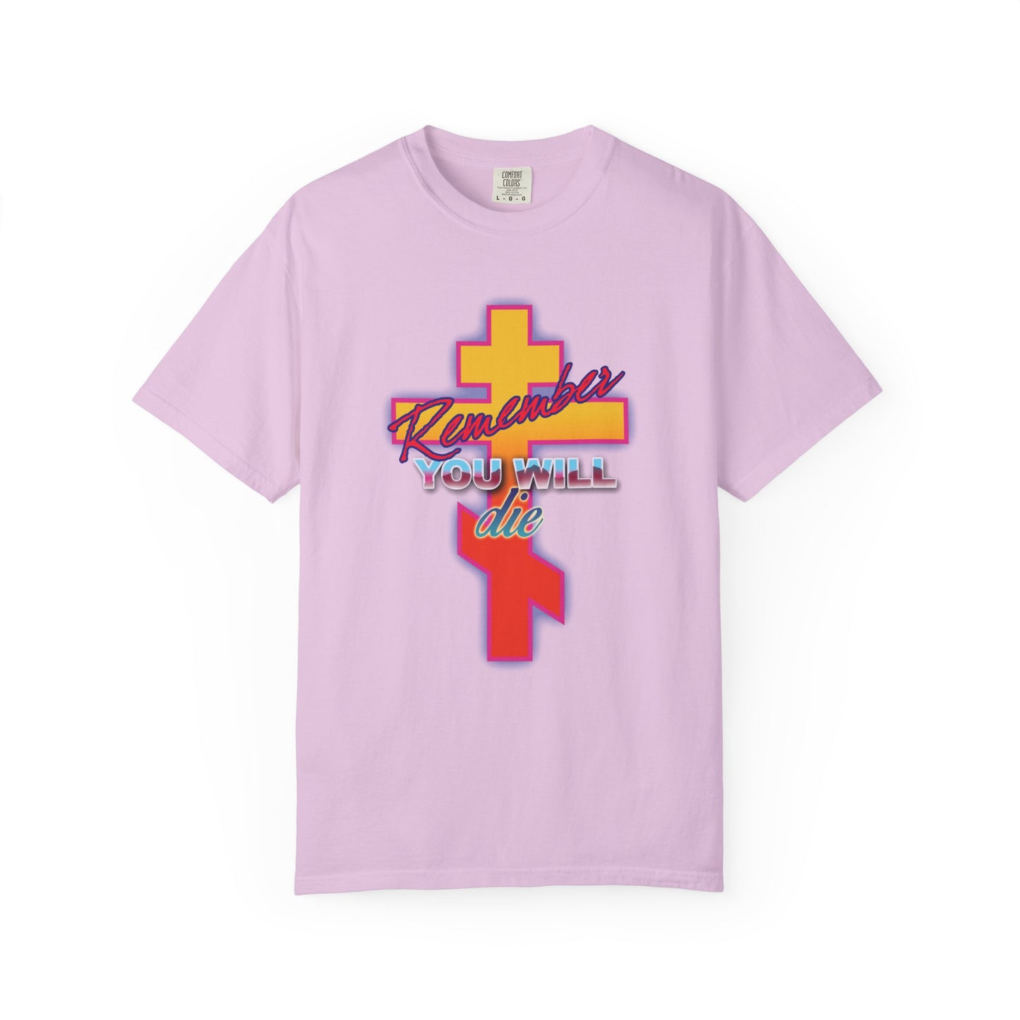 Remember You Will Die 80s Design | Glowing Synthwave Retro Orthodox Cross | Precious Life-Giving Cross | Heavyweight Cotton Unisex T-Shirt