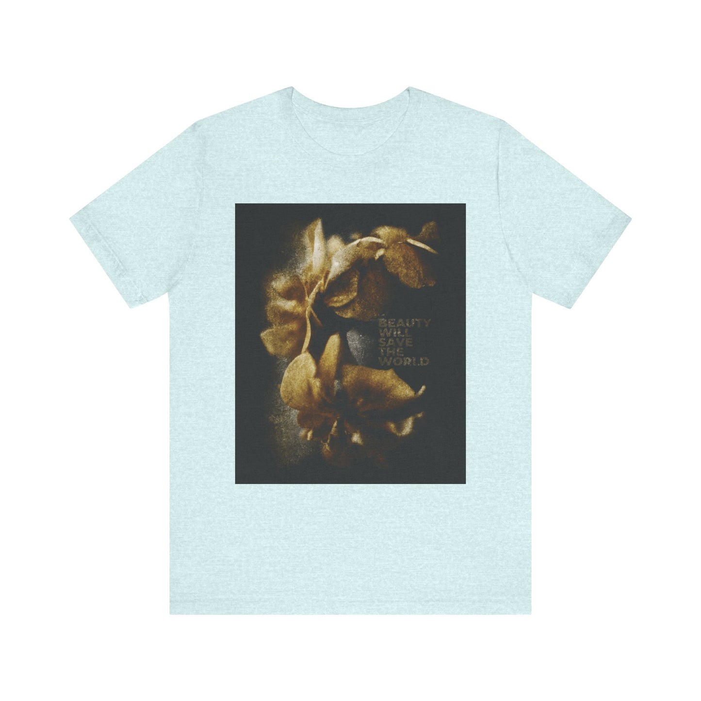 Heather Prism Ice Blue unisex tee featuring a sepia floral image, original photography, and “Beauty Will Save the World”—inspired by Dostoevsky and glorifying Jesus Christ, Universal Creator & King. Lightweight cotton.