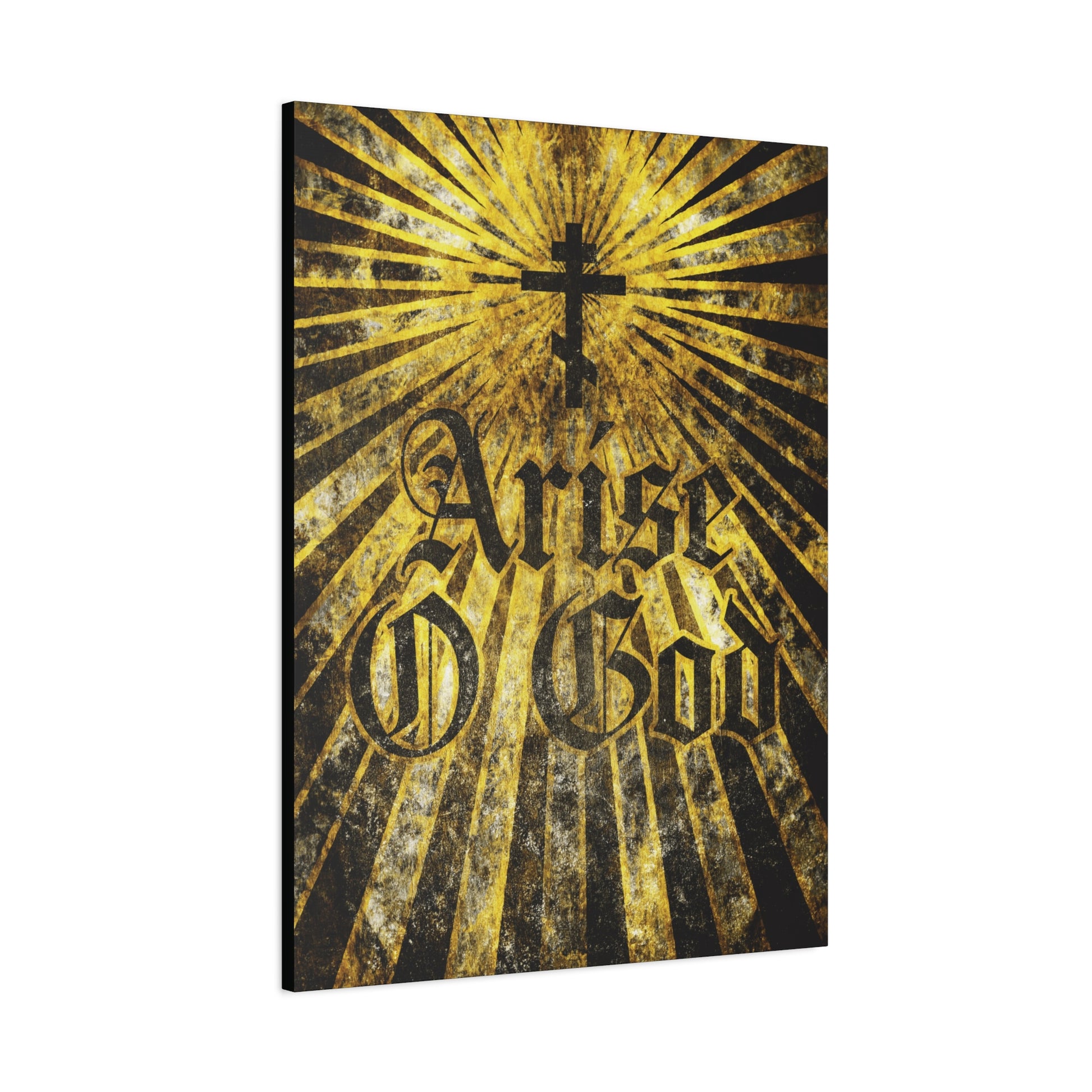 Arise O God | Psalm 81 (82 LXX): Orthodox wall art features a cross with golden rays and "Arise O God" in a textured Gothic font, inspired by the Divine Council worldview and Septuagint scripture.