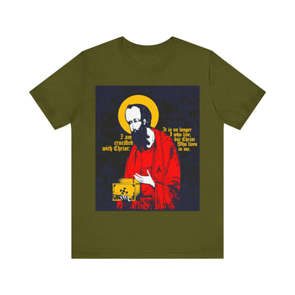 Olive St Paul Holding Gospel Iconographic T-shirt with “I am crucified with Christ” (Galatians 2:20), an Orthodox Christian design celebrating new life in Christ.