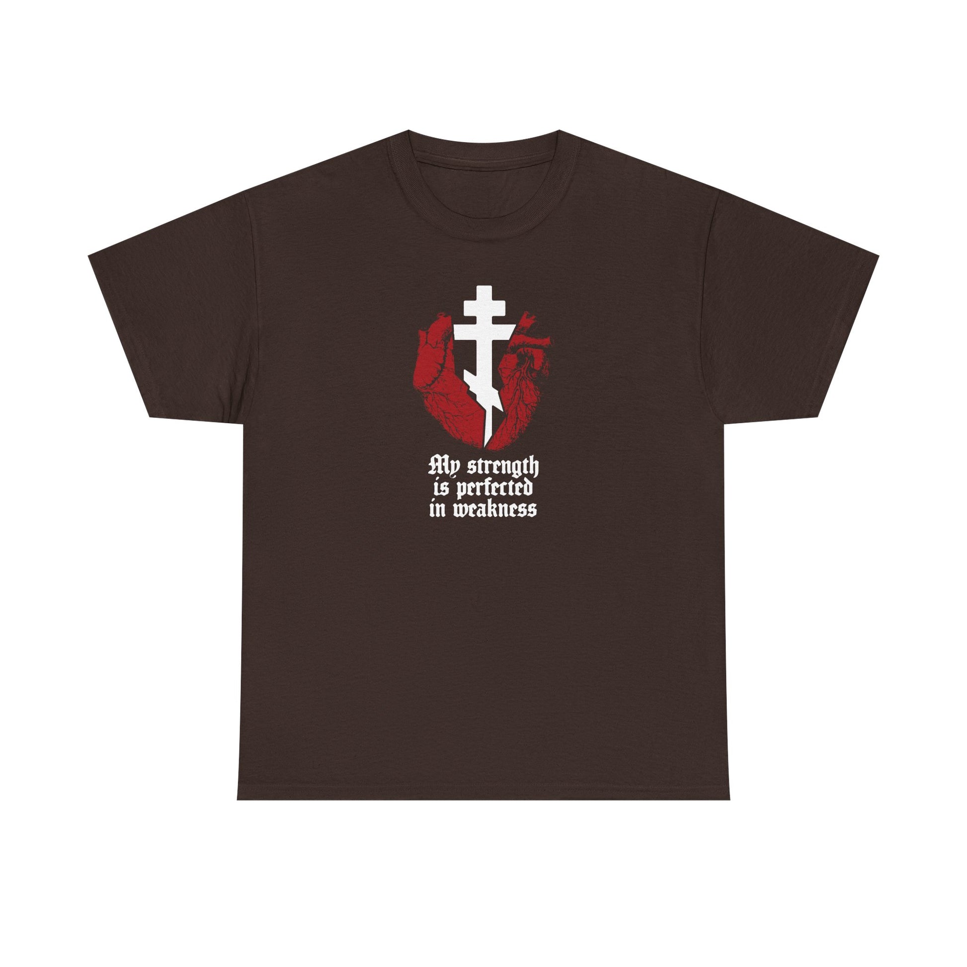 Dark Chocolate t-shirt featuring a white Orthodox cross and red broken heart, with gothic text inspired by 2 Corinthians 12:9: “My strength is perfected in weakness.” Orthodox Christian heavy cotton tee.