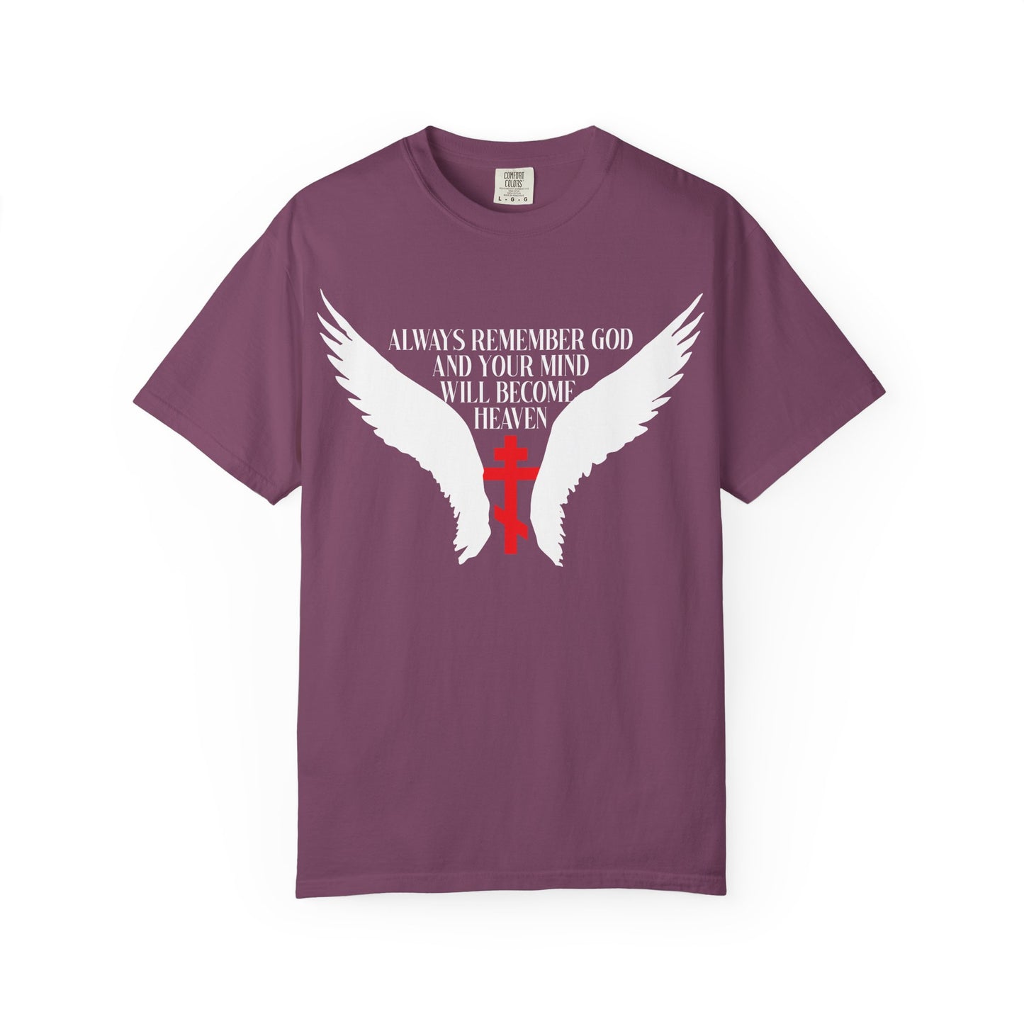 Berry-colored unisex heavyweight cotton tee featuring an Orthodox cross, white angel wings, and the message: “Always remember God—as taught by St Neilos the Ascetic—and your mind will become heaven.”.