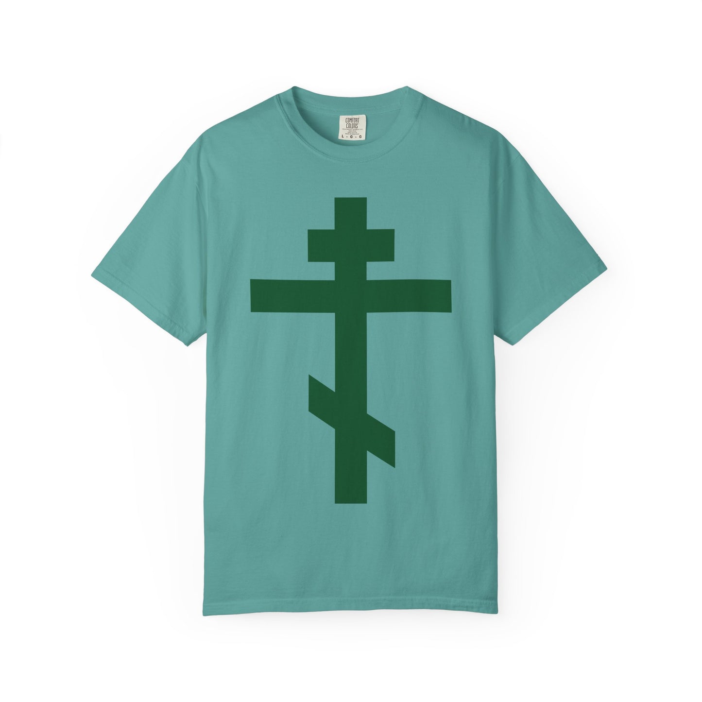 A seafoam heavyweight cotton unisex tee featuring a prominent forest green Orthodox tribar cross on the front, inspired by the Troparion “Preserve Thy People By Thy Cross, O Lord” and St. John of Kronstadt.