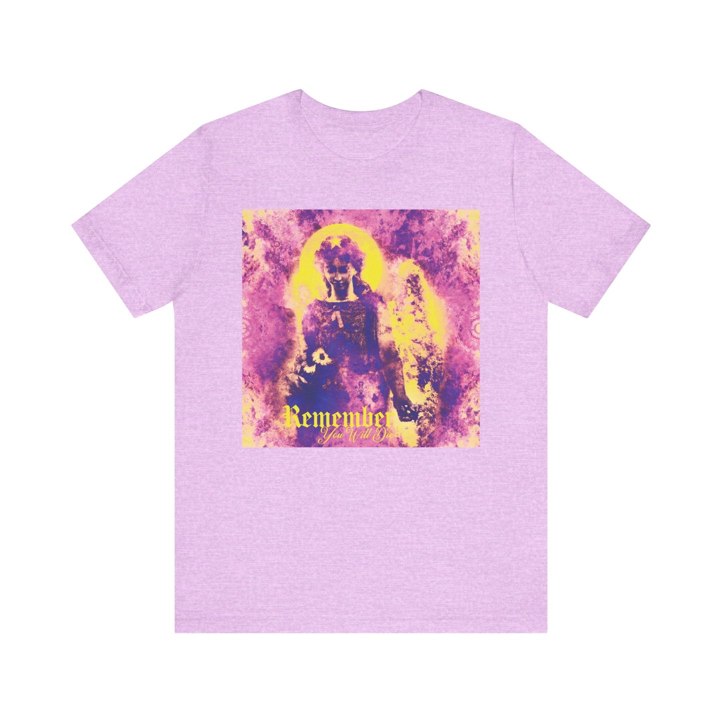 Heather Prism Lilac t-shirt featuring a yellow and purple psychedelic cemetery angel graphic with the words "Remember You Will Die" printed below, blending pastel goth style with Orthodox Christian themes for a reflective, prayerful statement.