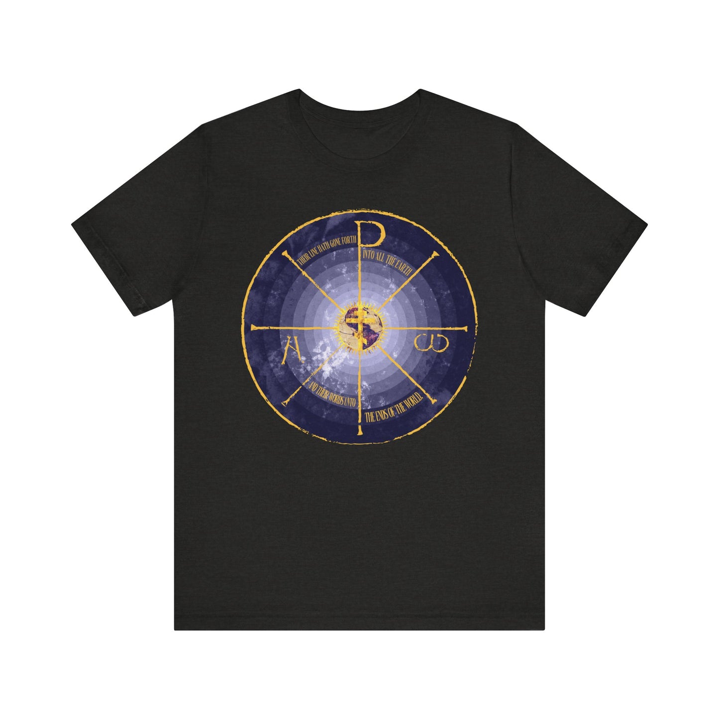 Black Heather unisex tee featuring a blue and yellow geocentric cross & Chi Rho (Alpha & Omega) in medieval style, inspired by Orthodox Christian symbolism. Lightweight cotton, comfortable for everyday wear.