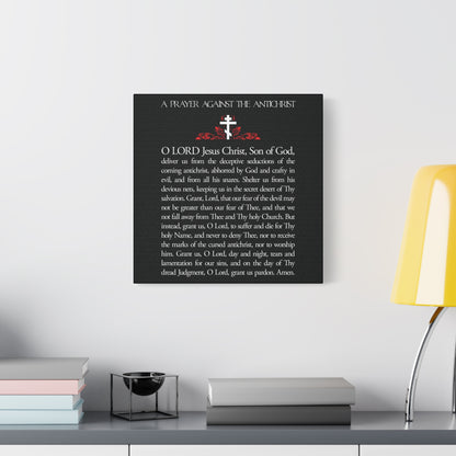 The "Prayer Against the Antichrist By Elder Anatoly the Younger of Optina | Christ is King | Orthodox Christian Wall Art" hangs on a modern wall above a white shelf decorated with stylish accents.
