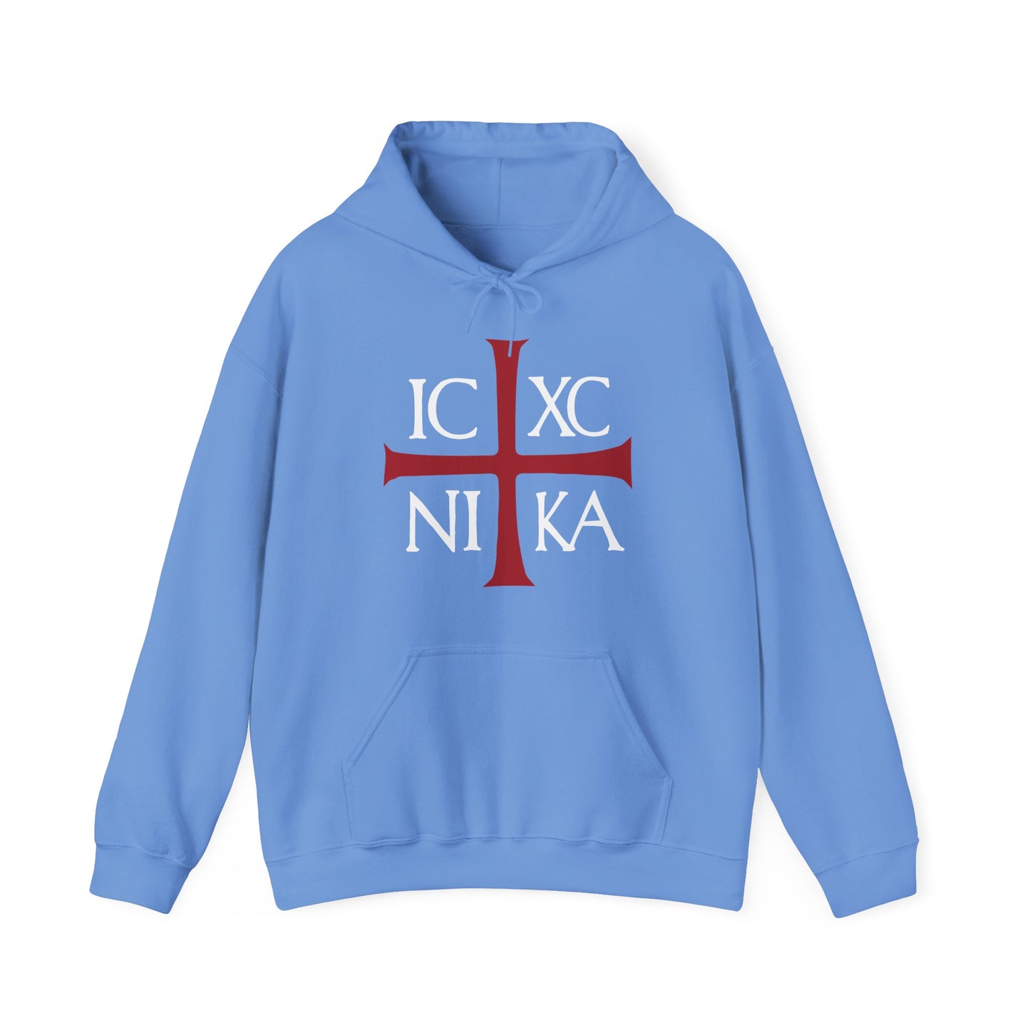 Carolina blue ICXC NIKA hoodie featuring a red cross and white Byzantine Christogram, symbolizing "Jesus Christ Conquers"—a timeless Orthodox Christian message of victory and faith. Cotton/poly blend for comfort.