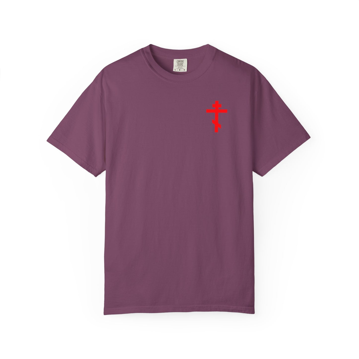 Berry-colored "Always Live In Remembrance of Death" Orthodox heavyweight cotton unisex tee, featuring a small red cross on the front left chest inspired by St John Climacus, with a plain background.