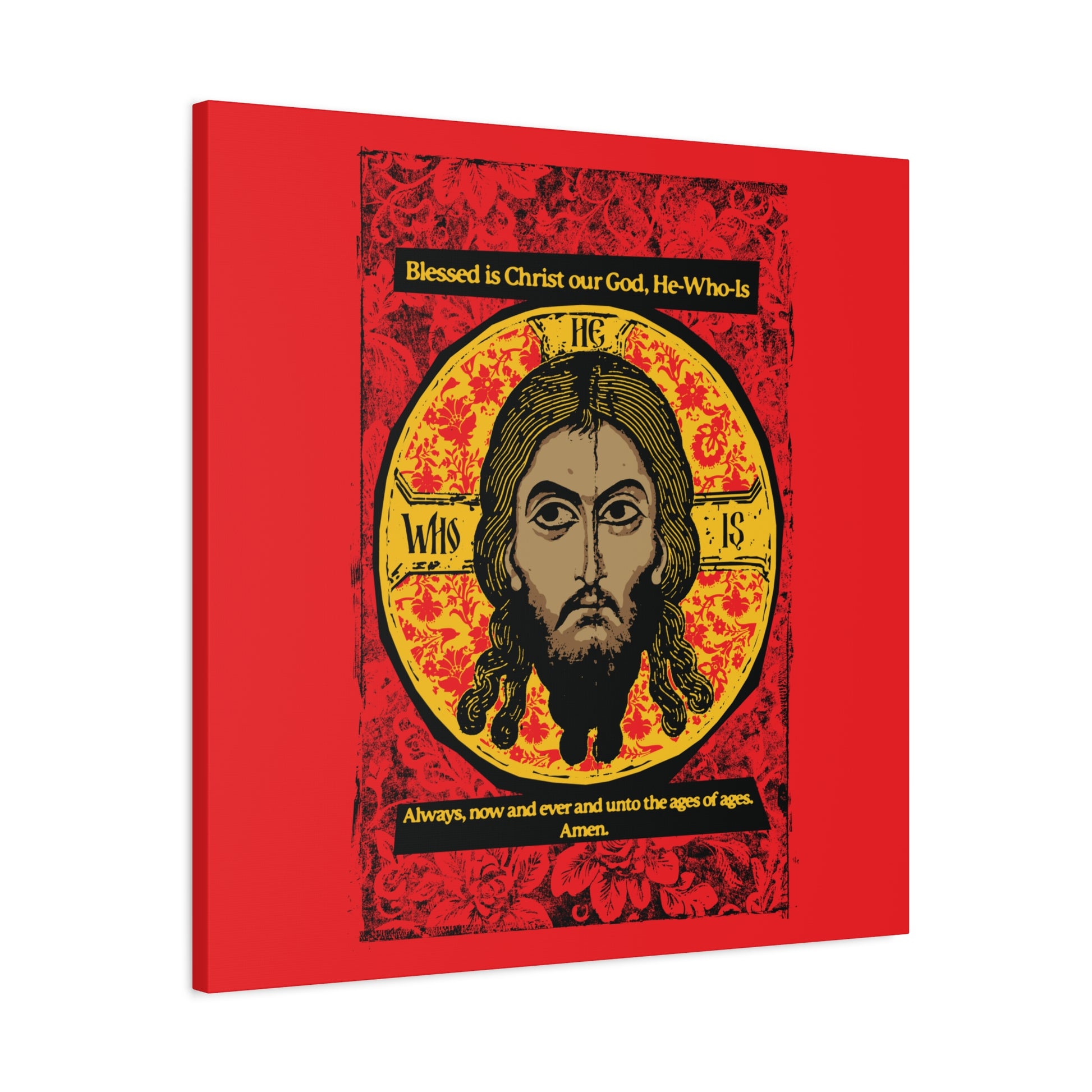 The "Made Without Hands" (Mandylion/Image of Edessa) Jesus Christ Orthodox Icon Canvas by Remembrance of Death shows His face on a red, black & yellow background with hymn text: “Blessed is Christ our God... Always, now and ever and unto the ages of ages. Amen.”.