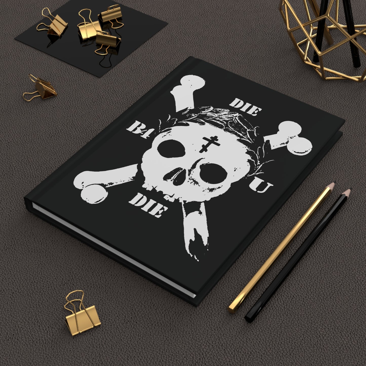 The "Die Before You Die" journal features a retro skull & crossbones, Orthodox Cross, and laurel wreath—a bold memento mori for ascetic Christians seeking to deny self and follow Jesus.
