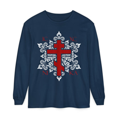 ICXC / NIKA Red Orthodox Cross on Ornate White Medieval Floral Design | Exclusive Best-Selling | Orthodox Christian Long Sleeve Shirt
