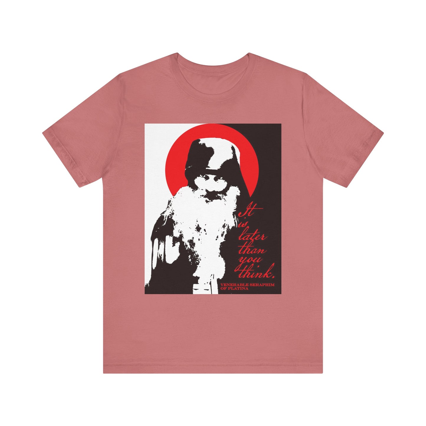 Mauve lightweight cotton unisex t-shirt featuring a high-contrast black-and-white image of Fr Seraphim Rose, reminiscent of Orthodox spiritual life, with striking red text that reads "It is later than you think.