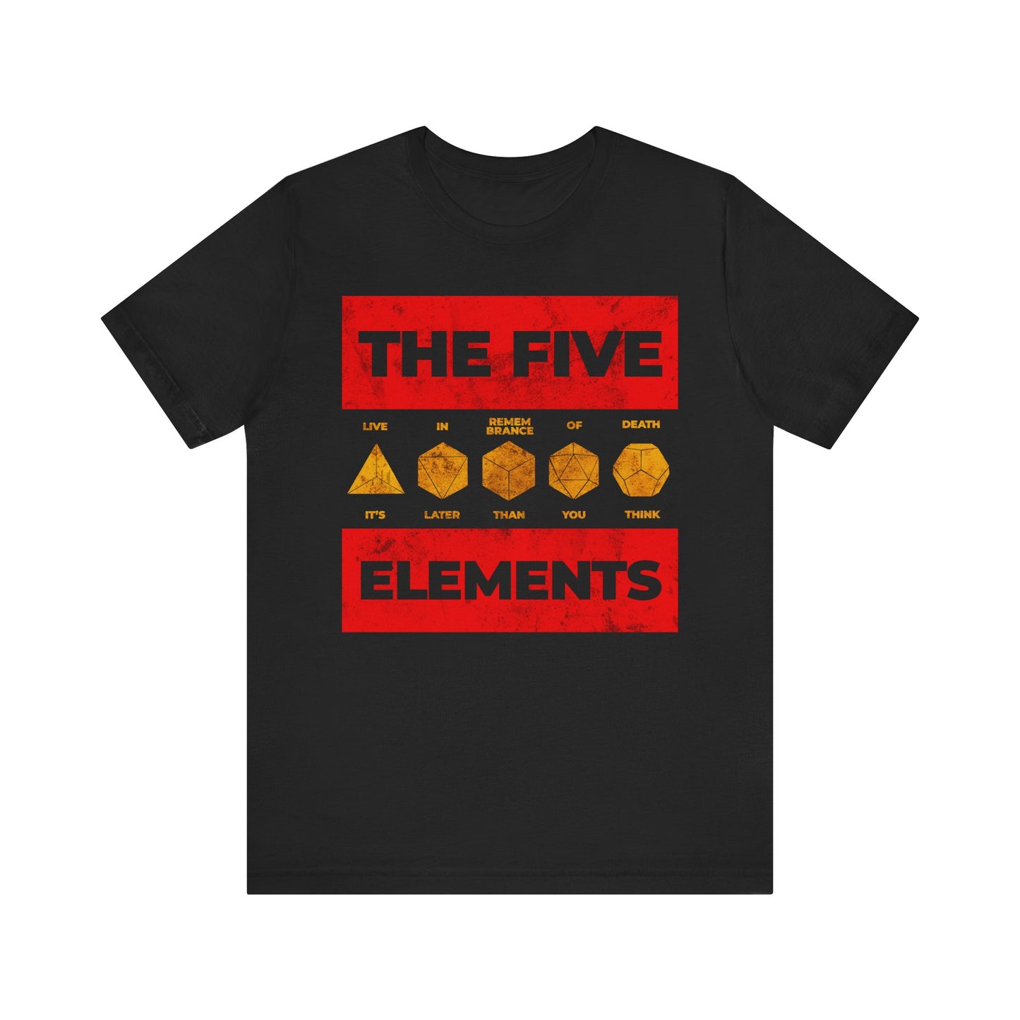 Black unisex lightweight cotton t-shirt featuring "The Five Elements | Platonic Solids" design with yellow geometric shapes and bold red and yellow text reading "Live Remembrance of Death" and "It's Later Than You Think," inspired by Orthodox teachings of St. Ignatius Brianchaninov to encourage remembrance of death as an antidote to despondency.